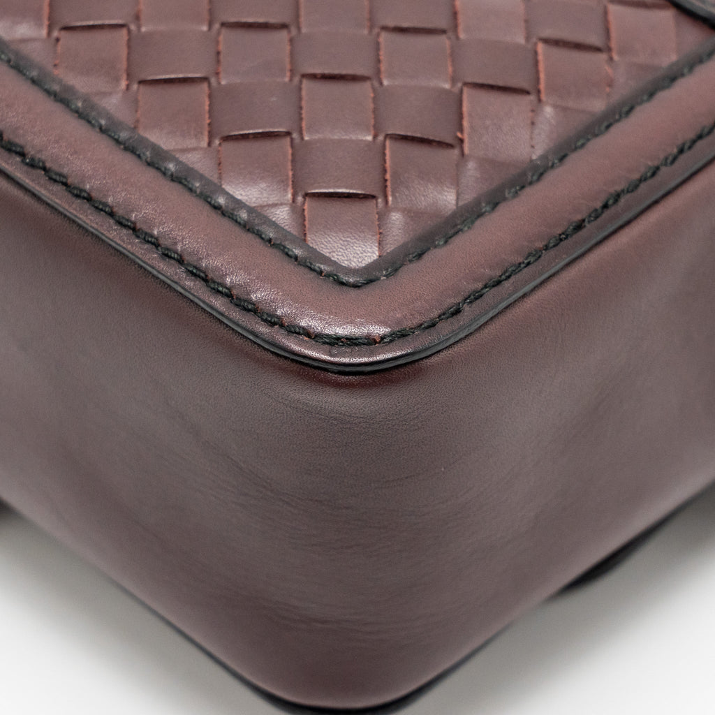 BOTTEGA VENETA MINI INTRECCIATO FLAP BAG LEATHER DARK BROWN WITH BLACK HARDWARE