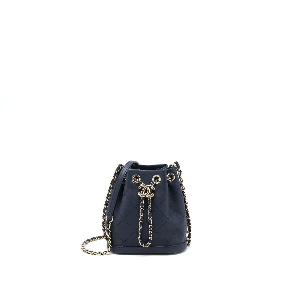 CHANEL MINI DRAWSTRING BUCKET BAG LAMBSKIN NAVY GHW
