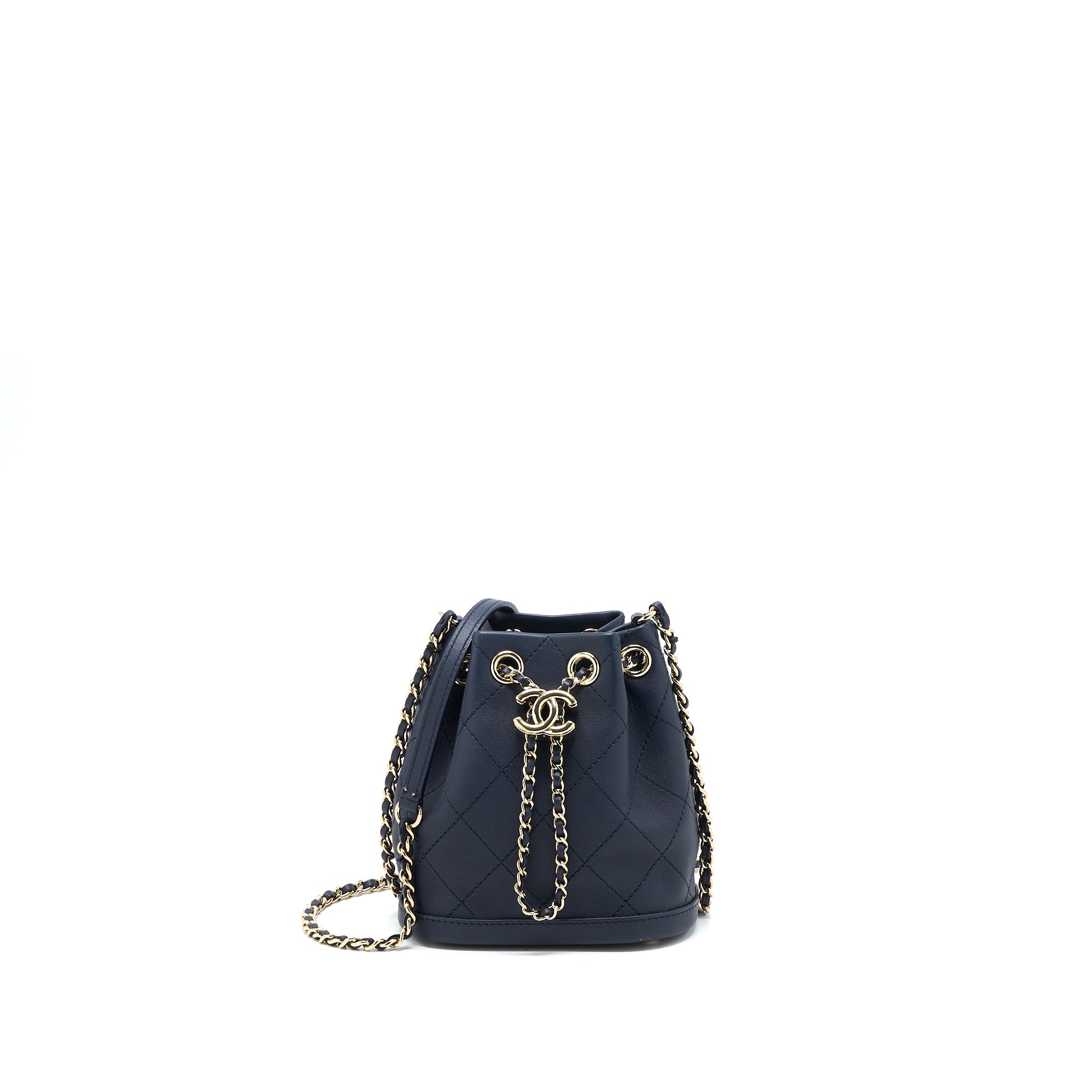CHANEL MINI DRAWSTRING BUCKET BAG LAMBSKIN NAVY GHW