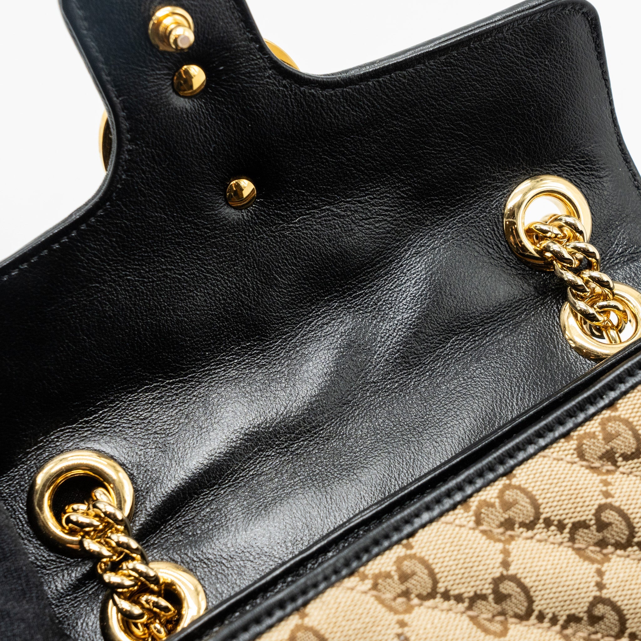 GUCCI MINI GG MARMONT BAG GG CANVAS / LEATHER BEIGE/ BLACK GHW