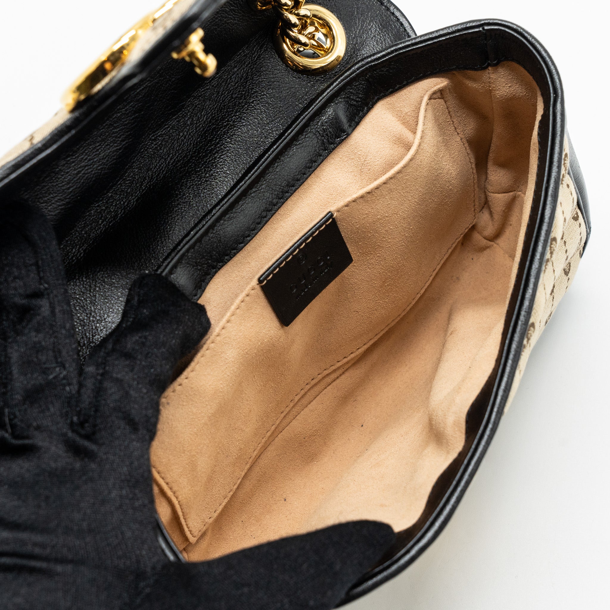 GUCCI MINI GG MARMONT BAG GG CANVAS / LEATHER BEIGE/ BLACK GHW