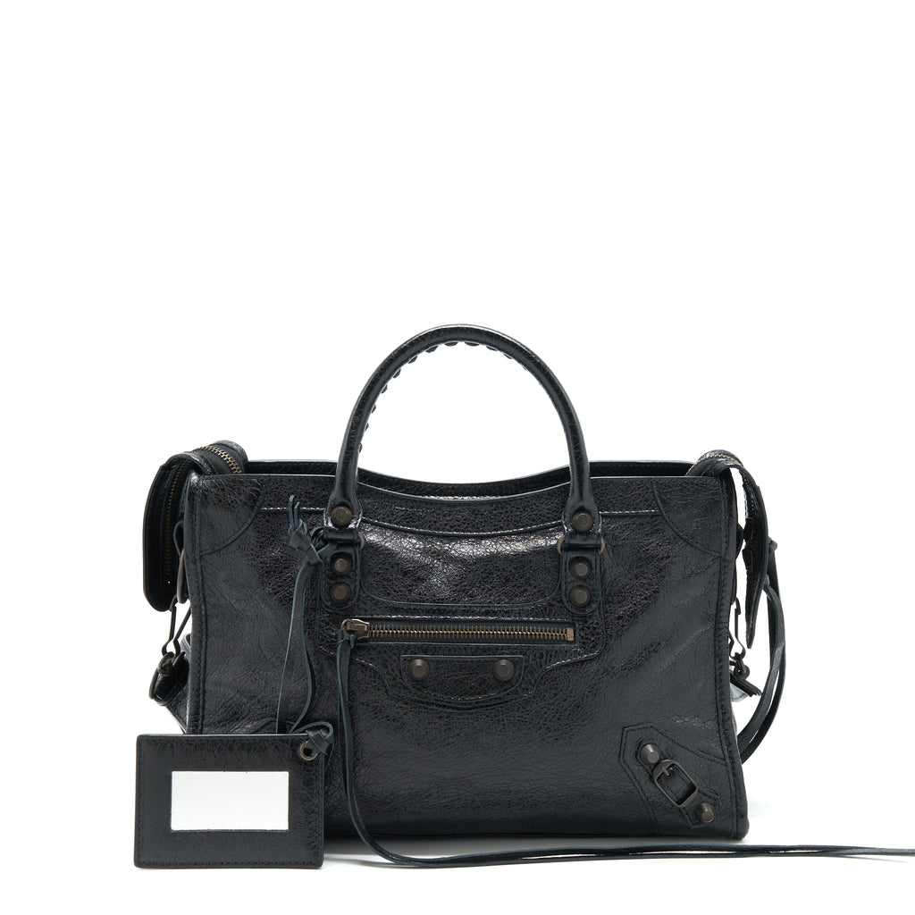 BALENCIAGA SMALL CLASSIC CITY CROSSBODY BAG BLACK WITH LOGO PRINT STRAP