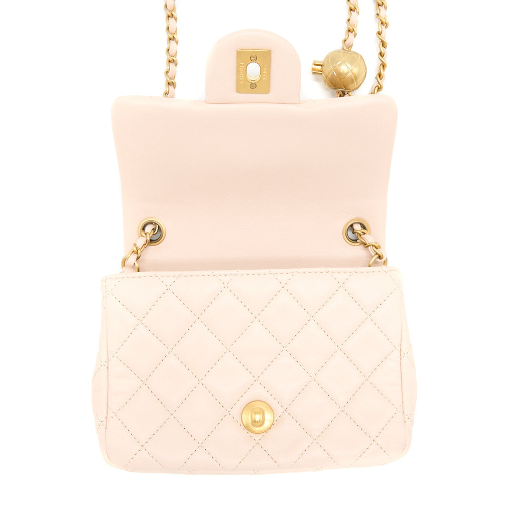 CHANEL PEARL CRUSH MINI SQUARE LAMBSKIN LIGHT BEIGE BRUSHED GHW(MICROCHIP)