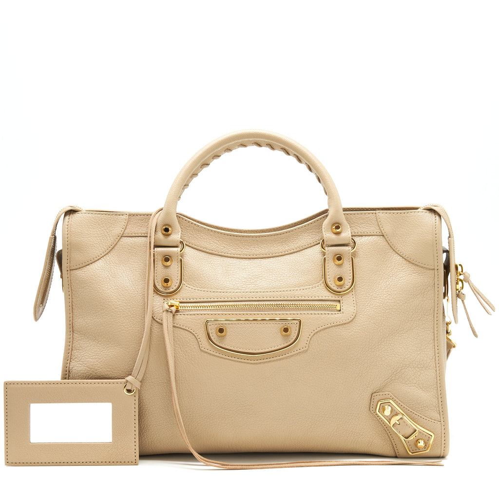BALENCIAGA MEDIUM METALLIC EDGE CITY BAG BEIGE LGHW