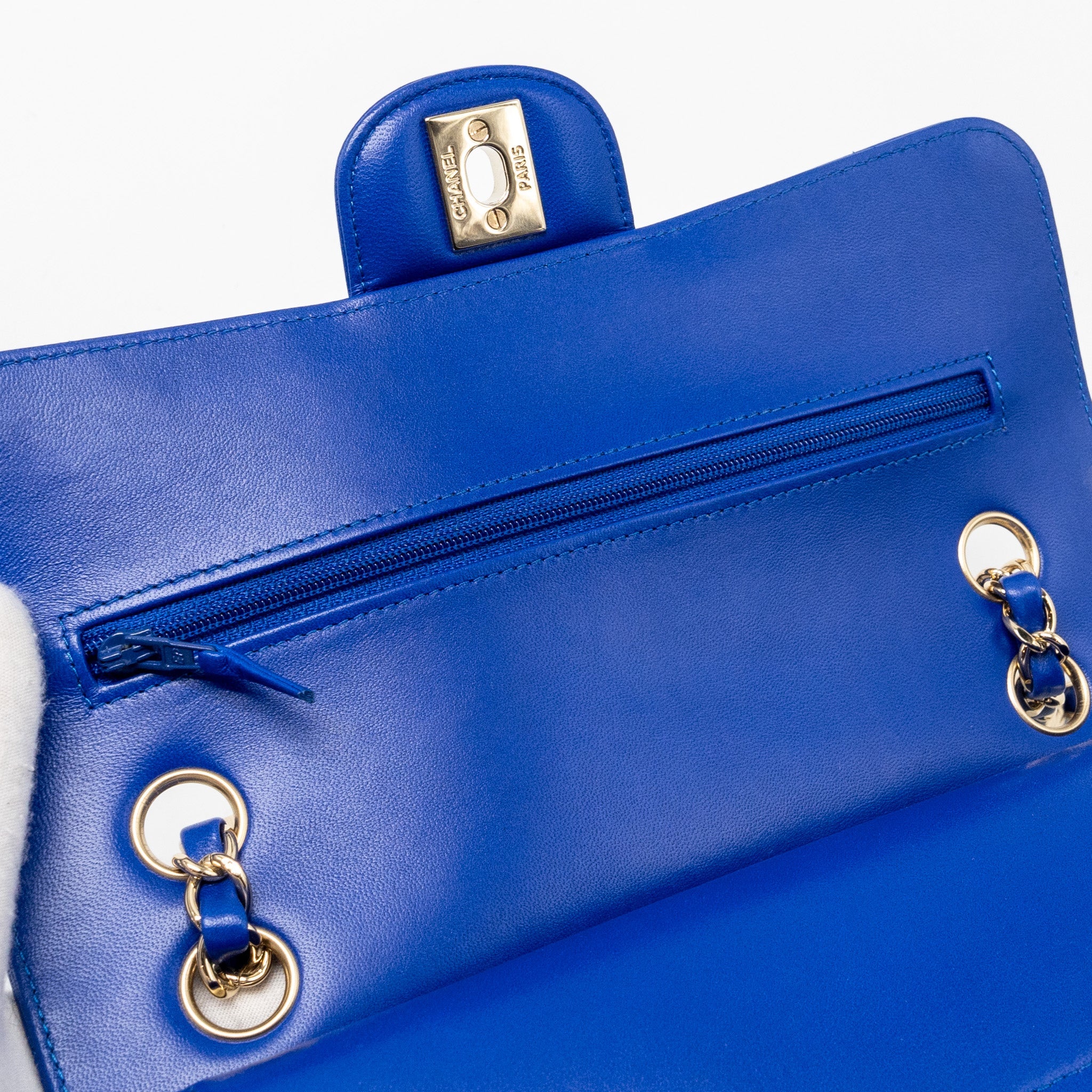 CHANEL SMALL CLASSIC DOUBLE FLAP BAG CHEVRON LAMBSKIN BLUE LGHW