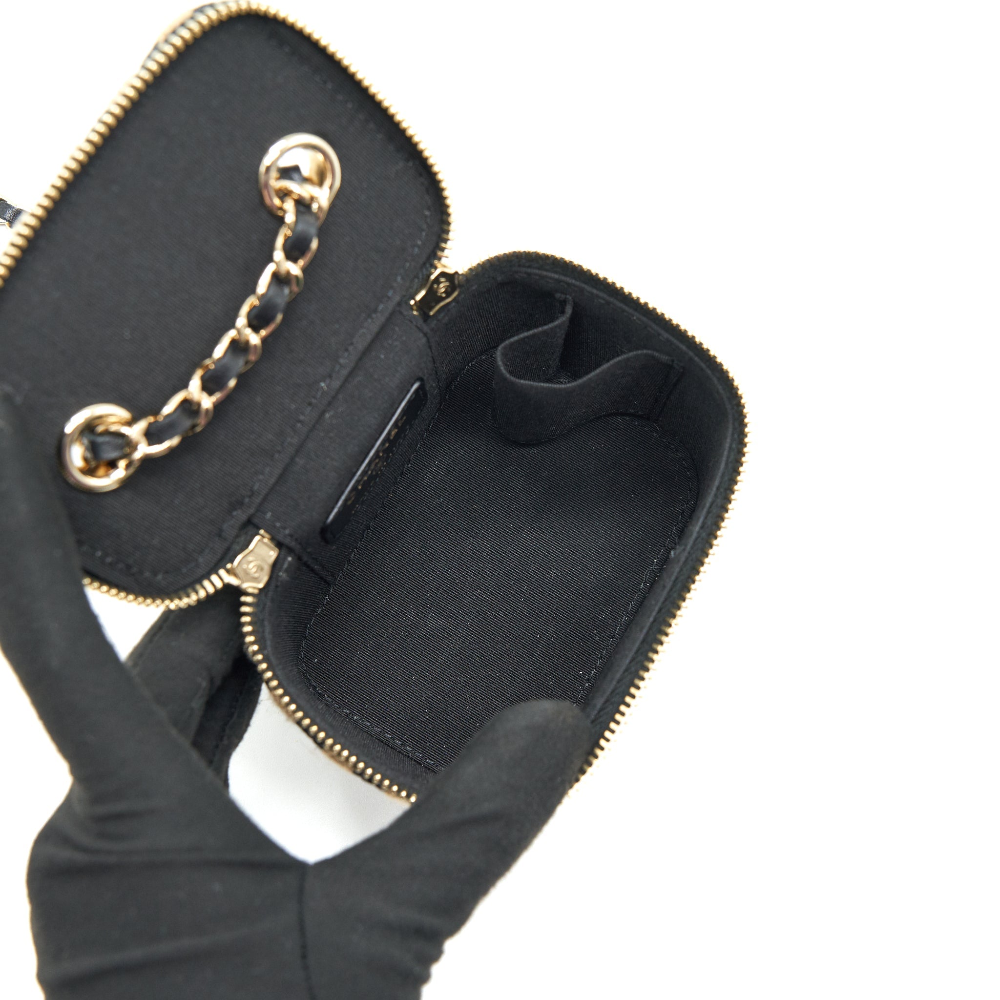 CHANEL SMALL VANITY WITH CHAIN RAFFIA BLACK BEIGE STRIPE