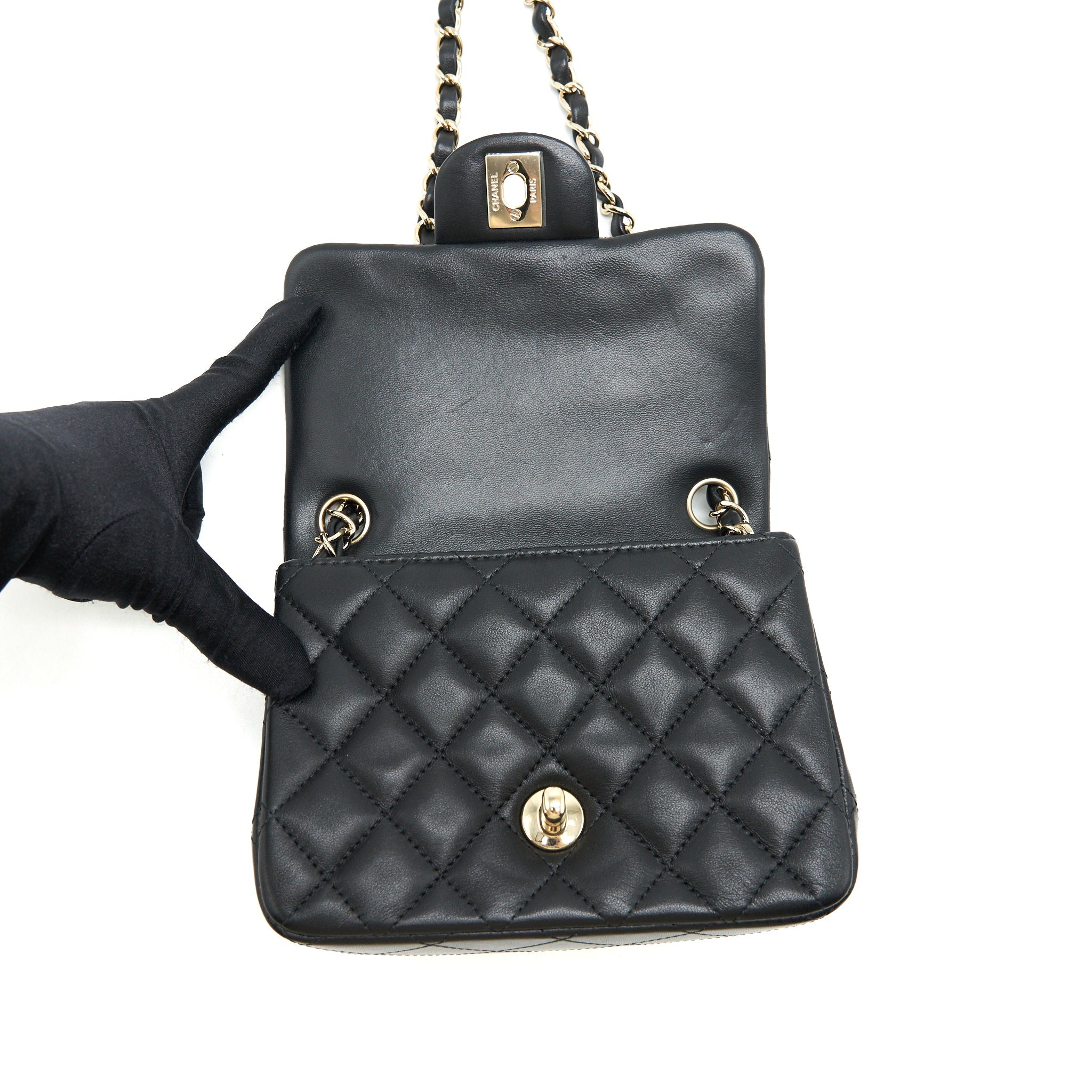 CHANEL MINI SQUARE FLAP BAG BLACK LAMBSKIN LGHW