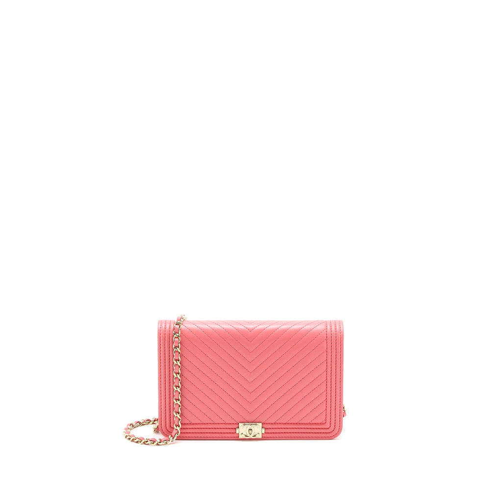 CHANEL BOY WALLET ON CHAIN CHEVRON CALFSKIN PINK LGHW