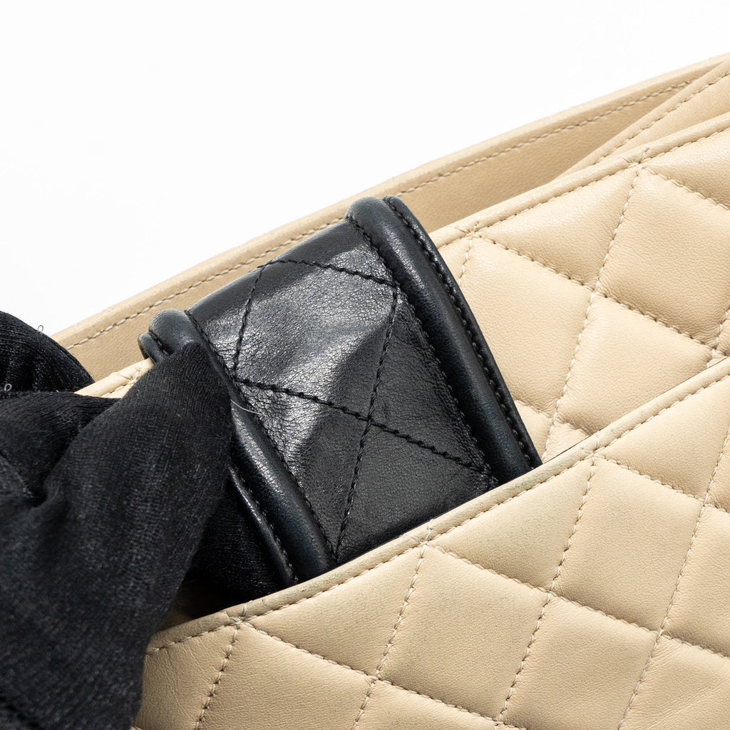 CHANEL QUILTED SMALL SHOPPING TOTE BAG LAMBSKIN BEIGE / BLACK GHW