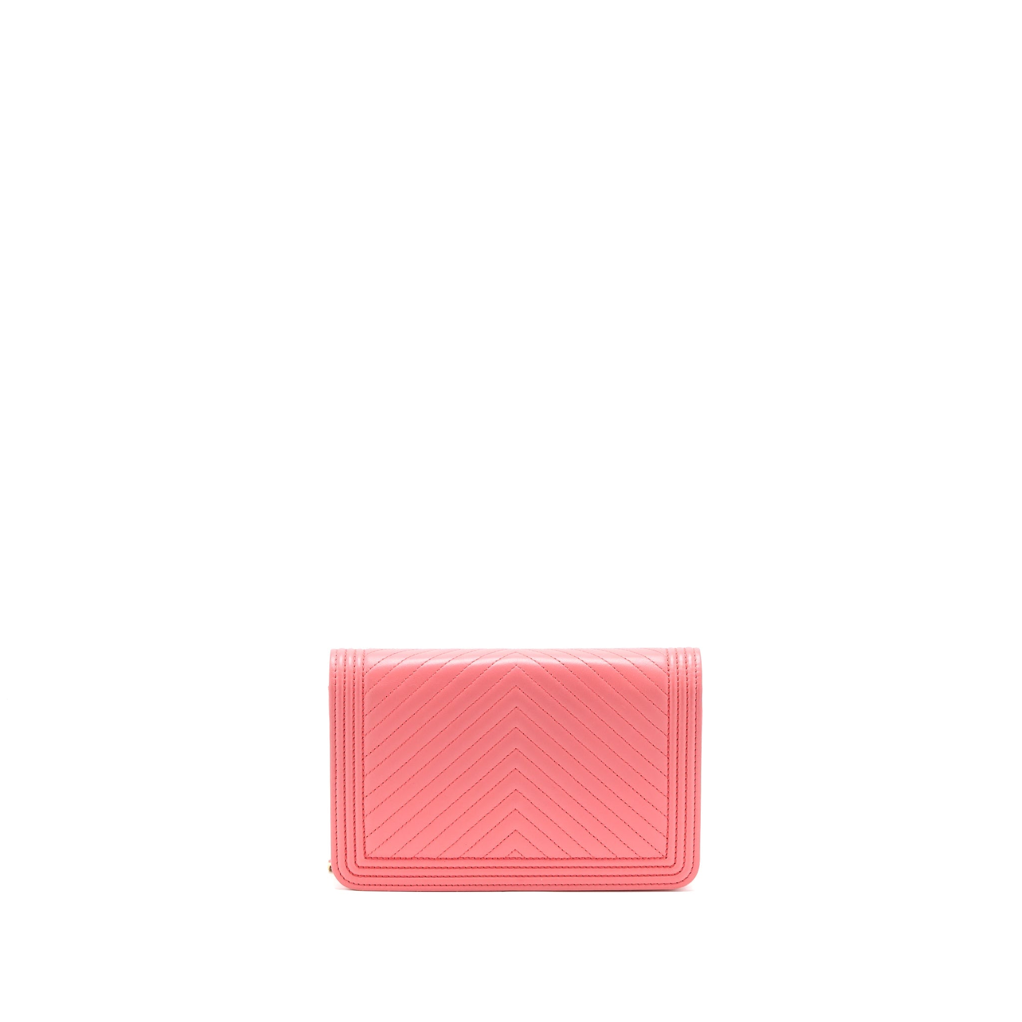 CHANEL BOY WALLET ON CHAIN CHEVRON CALFSKIN PINK LGHW