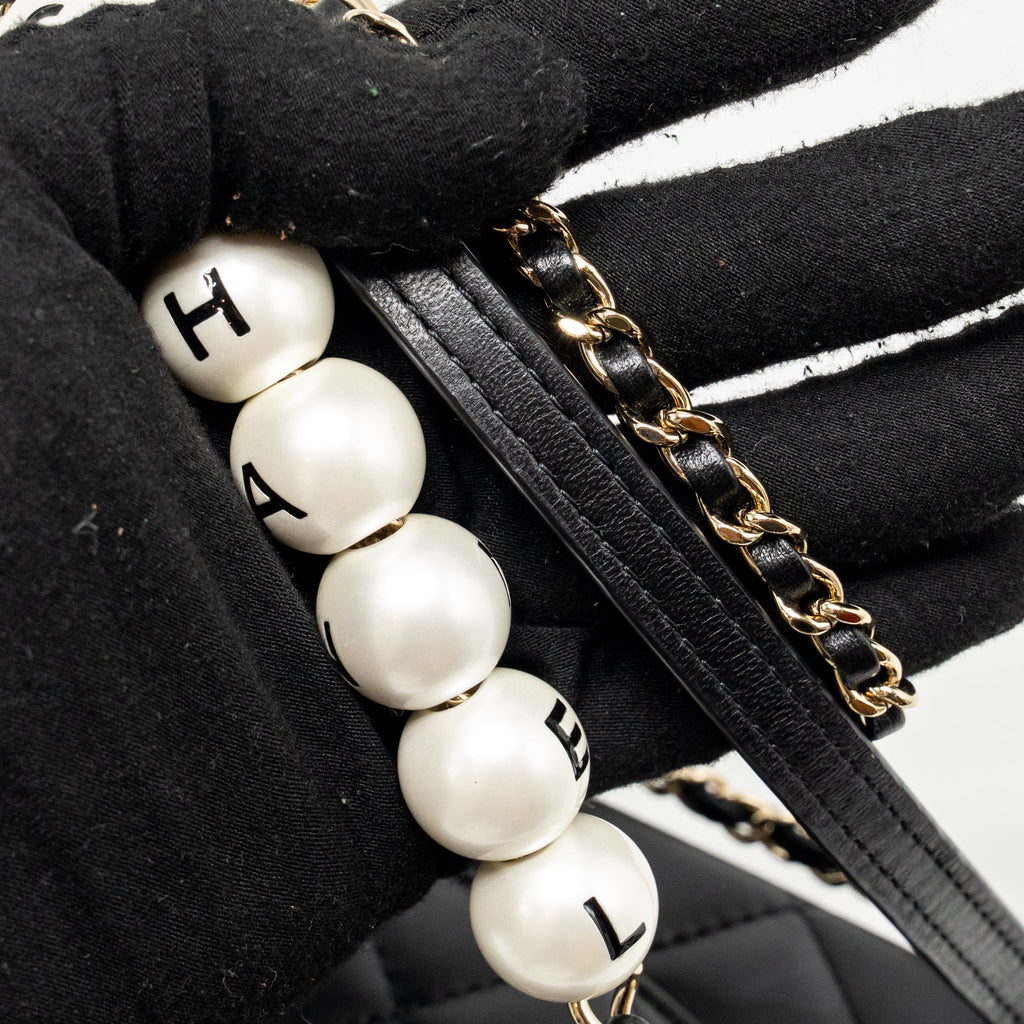 CHANEL QUILTED FLAP BAG WITH PEARL DETAILED CHAIN LAMBSKIN BLACK LGHW