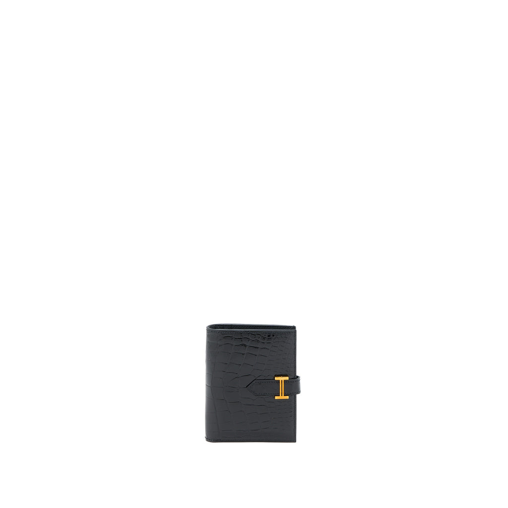 HERMES BEARN WALLET SHINY ALLIGATOR BLACK GHW