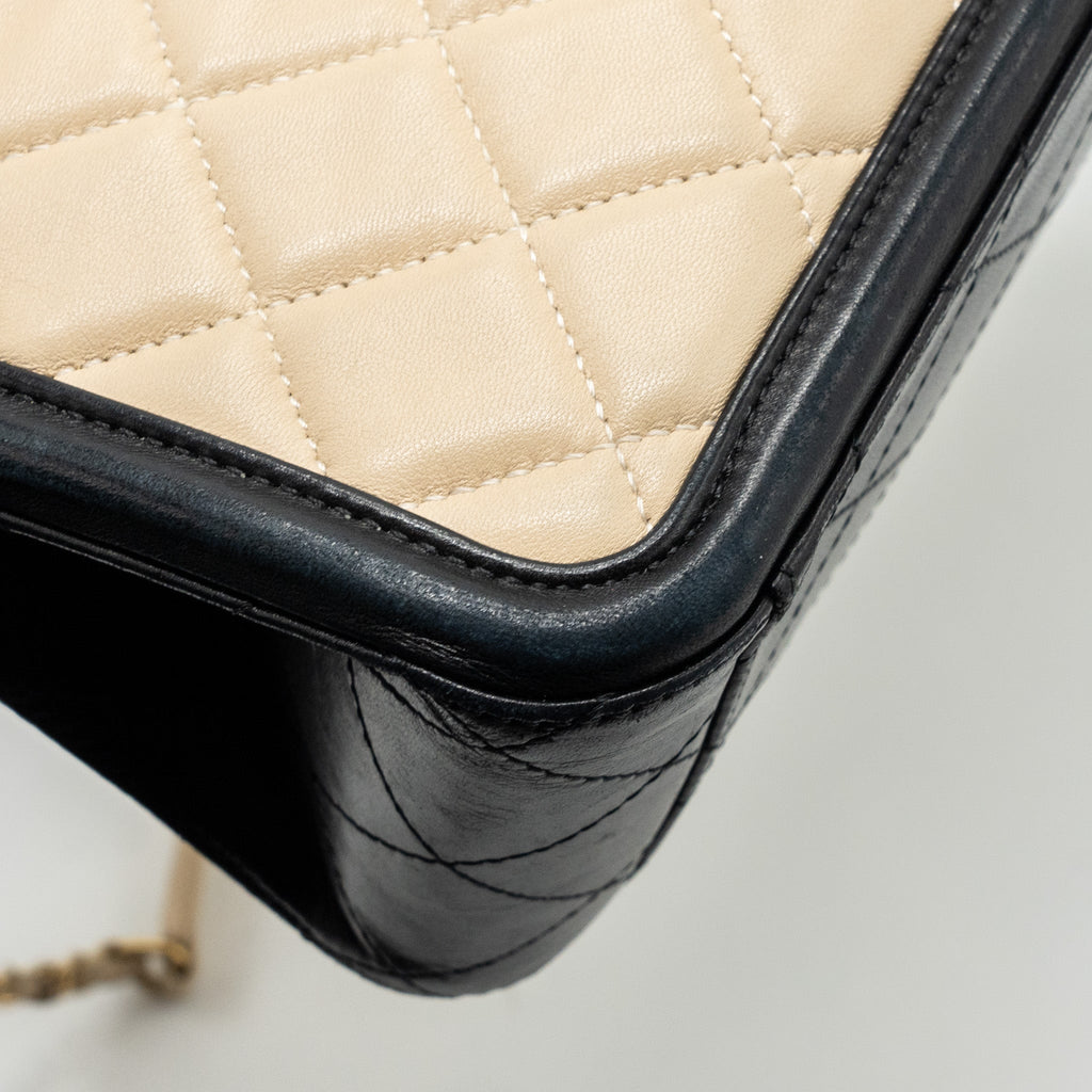 CHANEL QUILTED SMALL SHOPPING TOTE BAG LAMBSKIN BEIGE / BLACK GHW