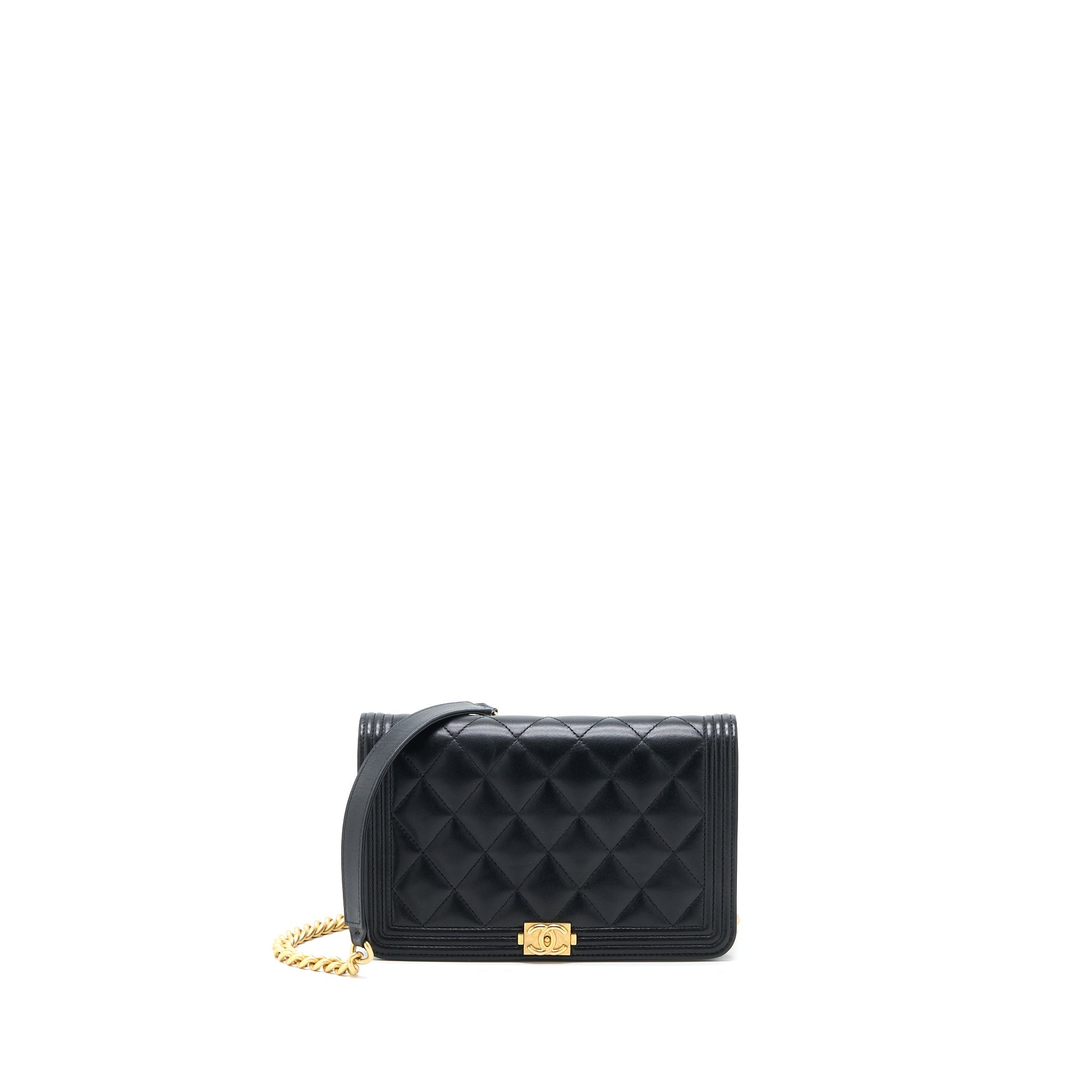 CHANEL BOY WALLET ON CHAIN LAMBSKIN BLACK BRUSHED GHW