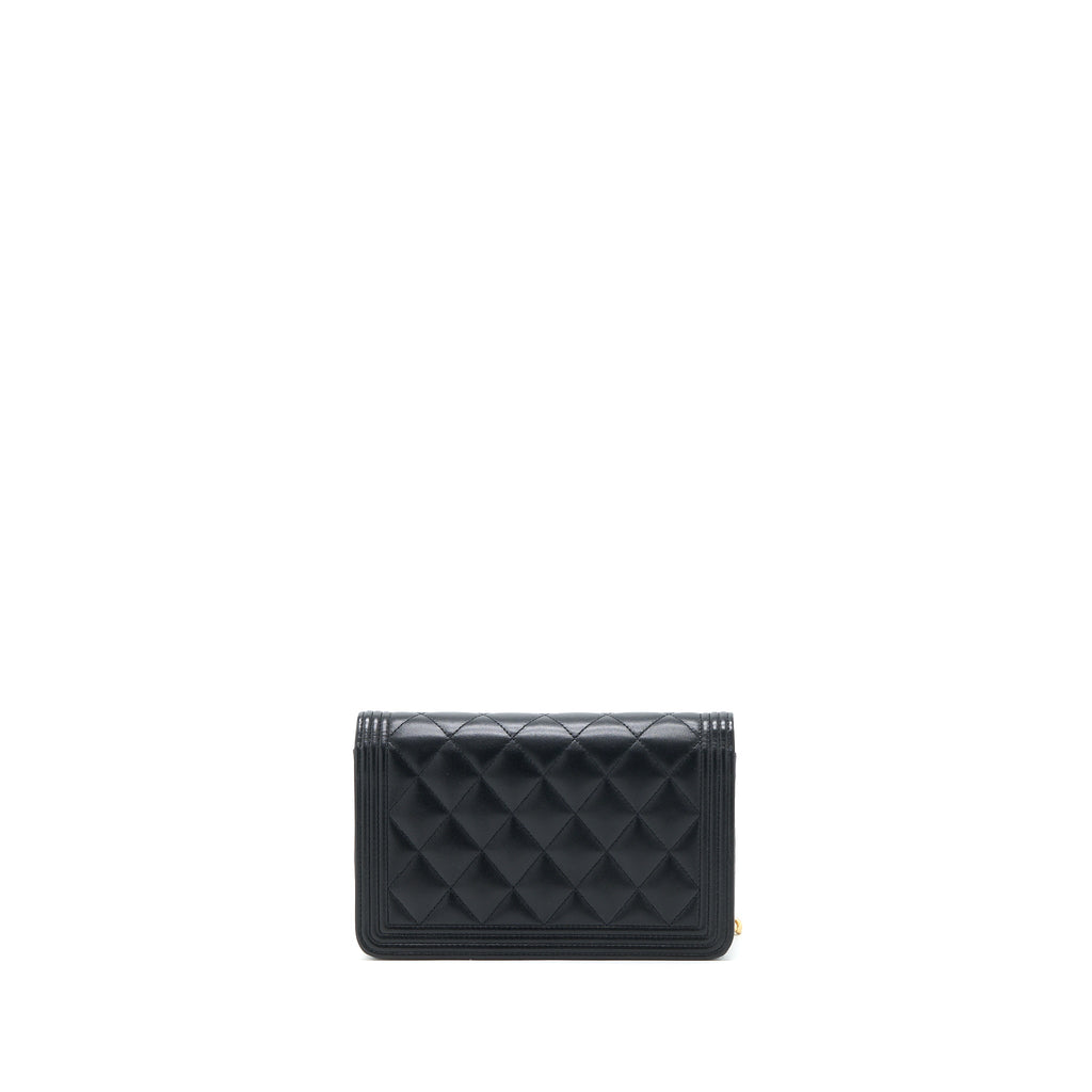 CHANEL BOY WALLET ON CHAIN LAMBSKIN BLACK BRUSHED GHW