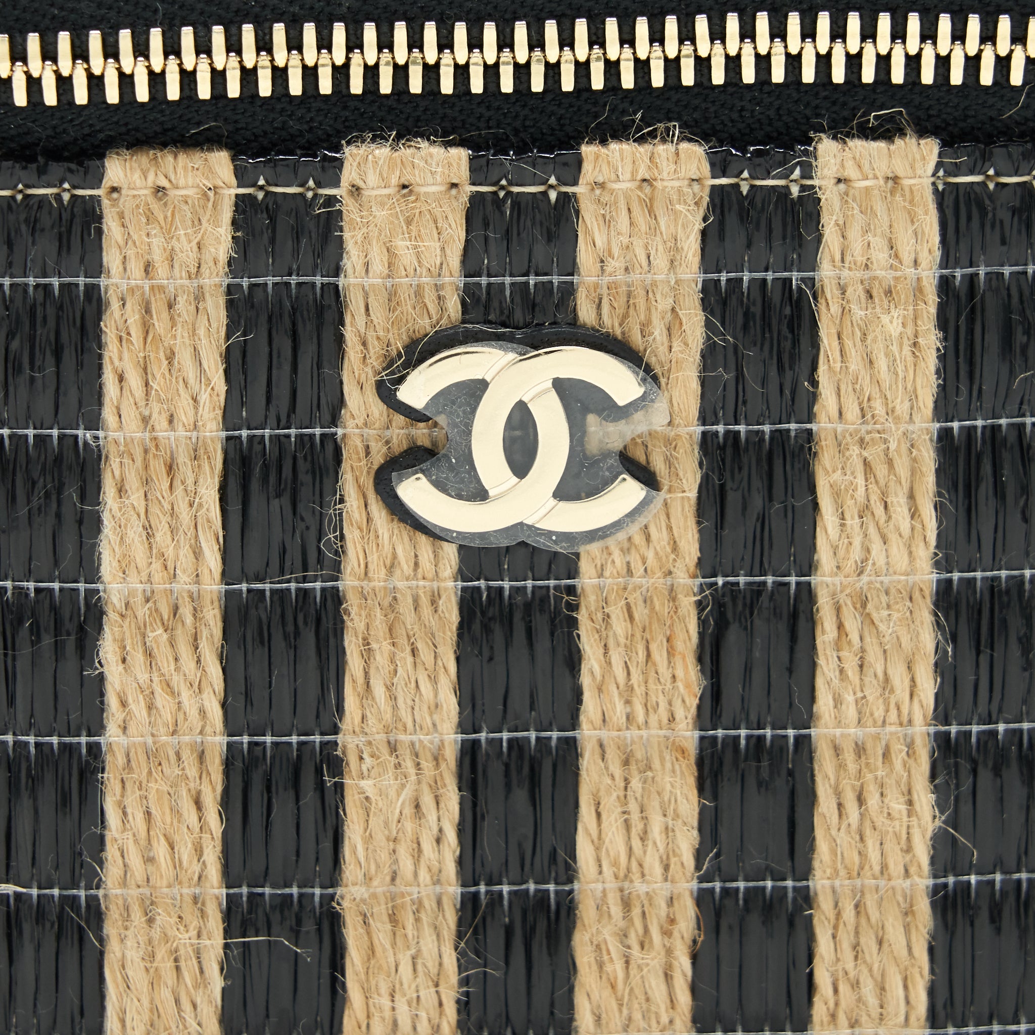 CHANEL SMALL VANITY WITH CHAIN RAFFIA BLACK BEIGE STRIPE
