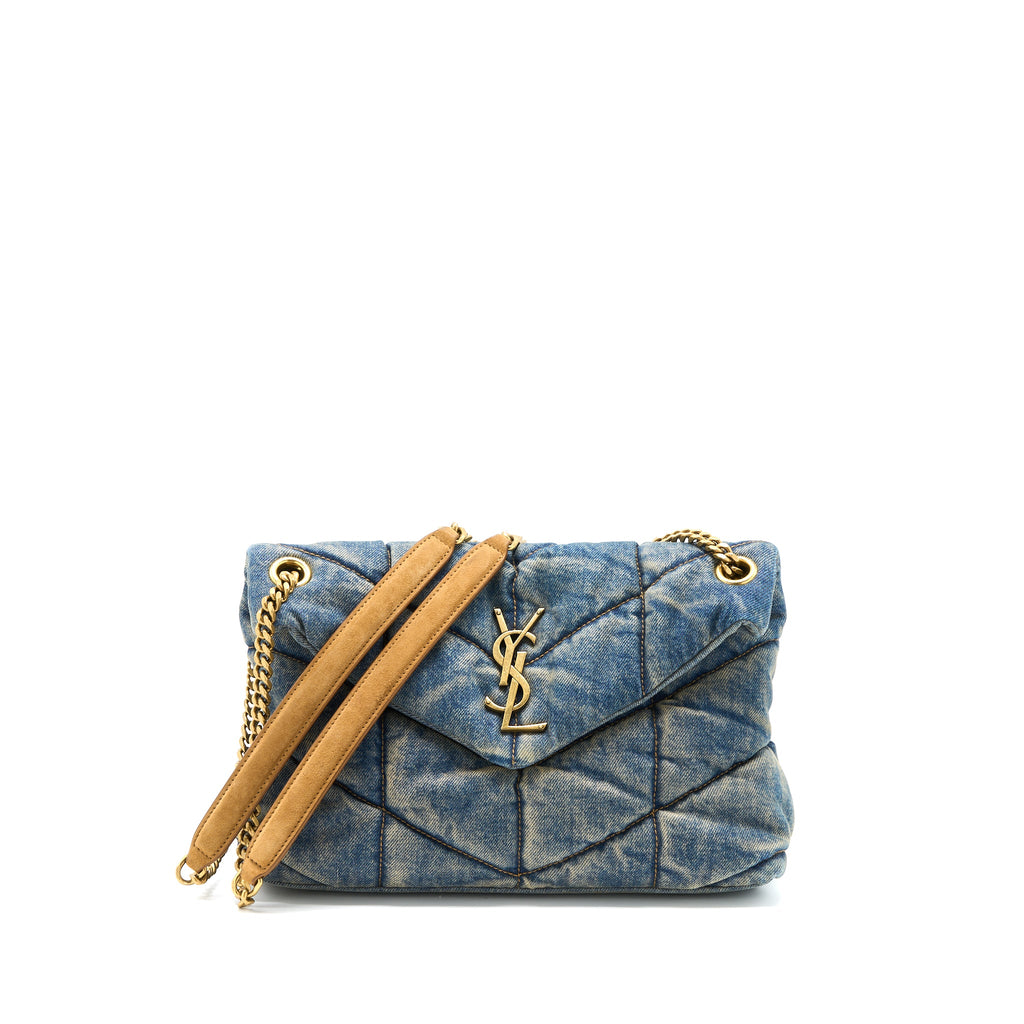 SAINT LAURENT SMALL PUFFER CHAIN BAG DENIM/SUEDE BLUE RUTHENIUM GHW