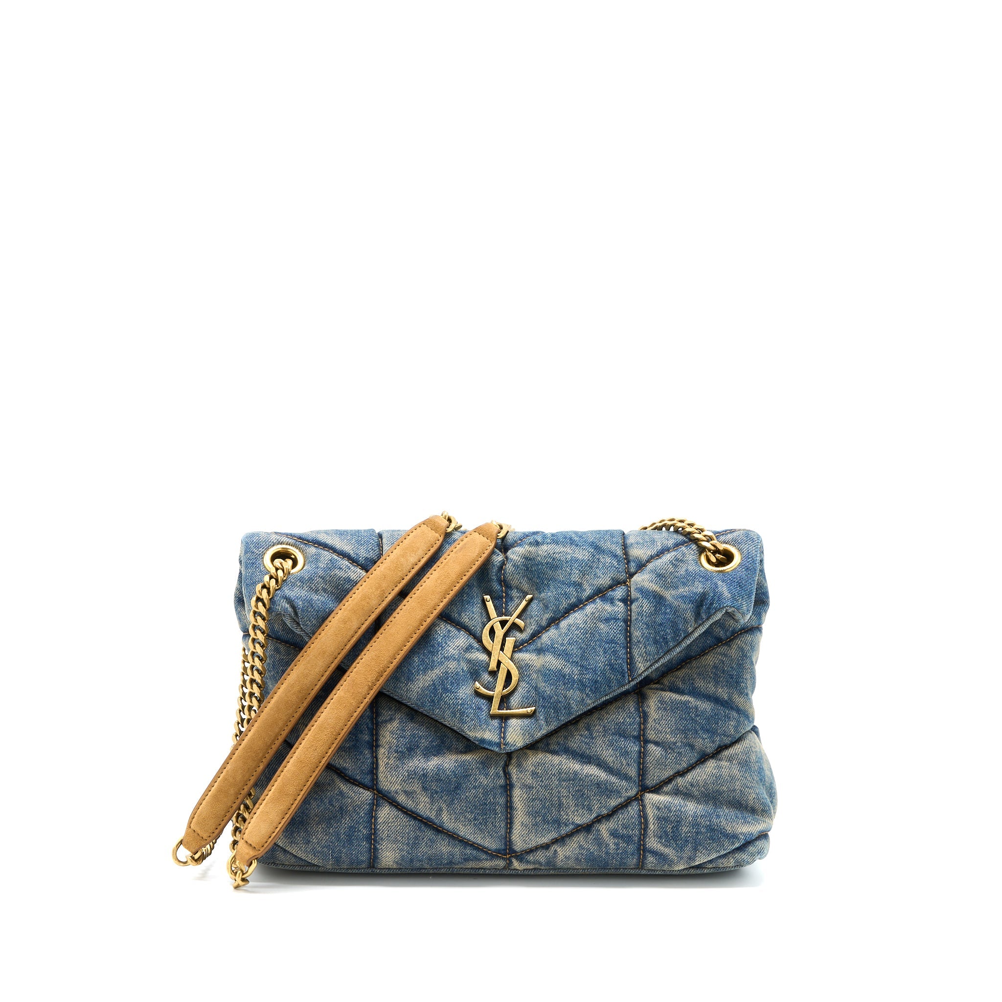 SAINT LAURENT SMALL PUFFER CHAIN BAG DENIM/SUEDE BLUE RUTHENIUM GHW