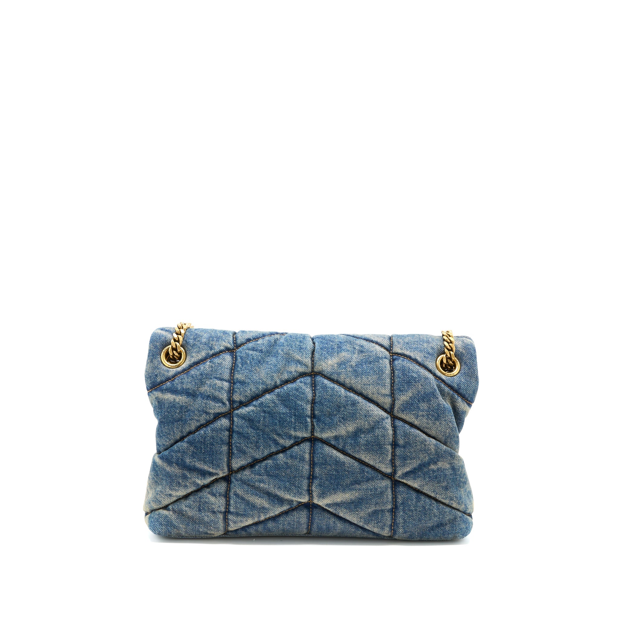 SAINT LAURENT SMALL PUFFER CHAIN BAG DENIM/SUEDE BLUE RUTHENIUM GHW
