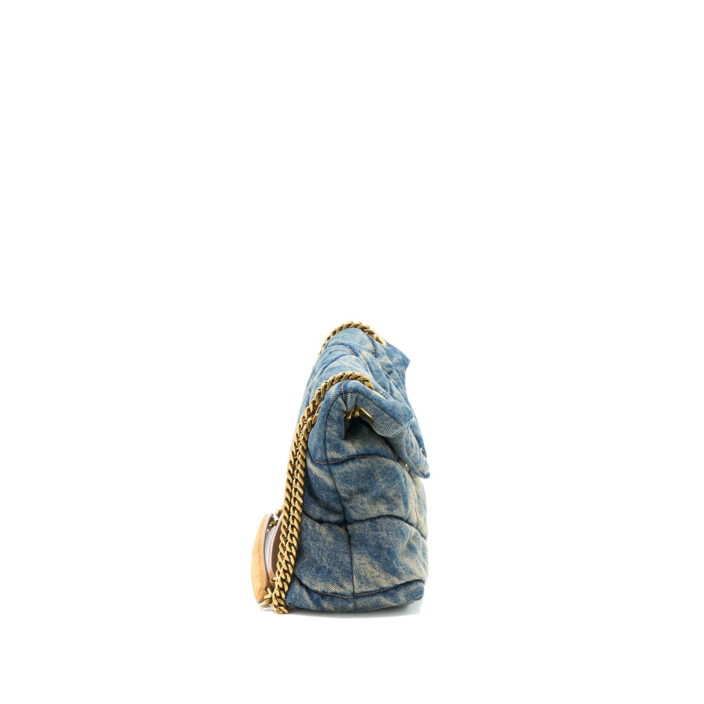 SAINT LAURENT SMALL PUFFER CHAIN BAG DENIM/SUEDE BLUE RUTHENIUM GHW