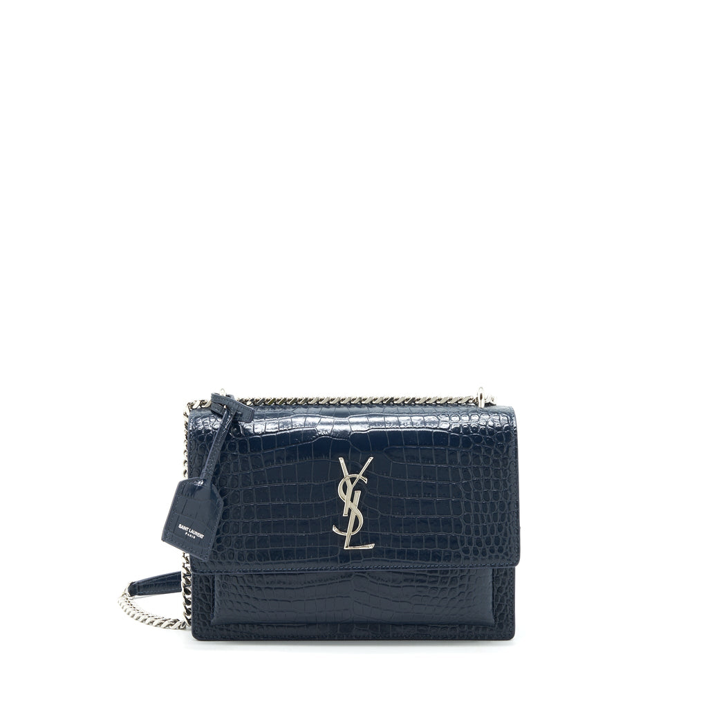 SAINT LAURENT MEDIUM SUNSET BAG CROC EMBOSSED CALFSKIN DARK BLUE SHW