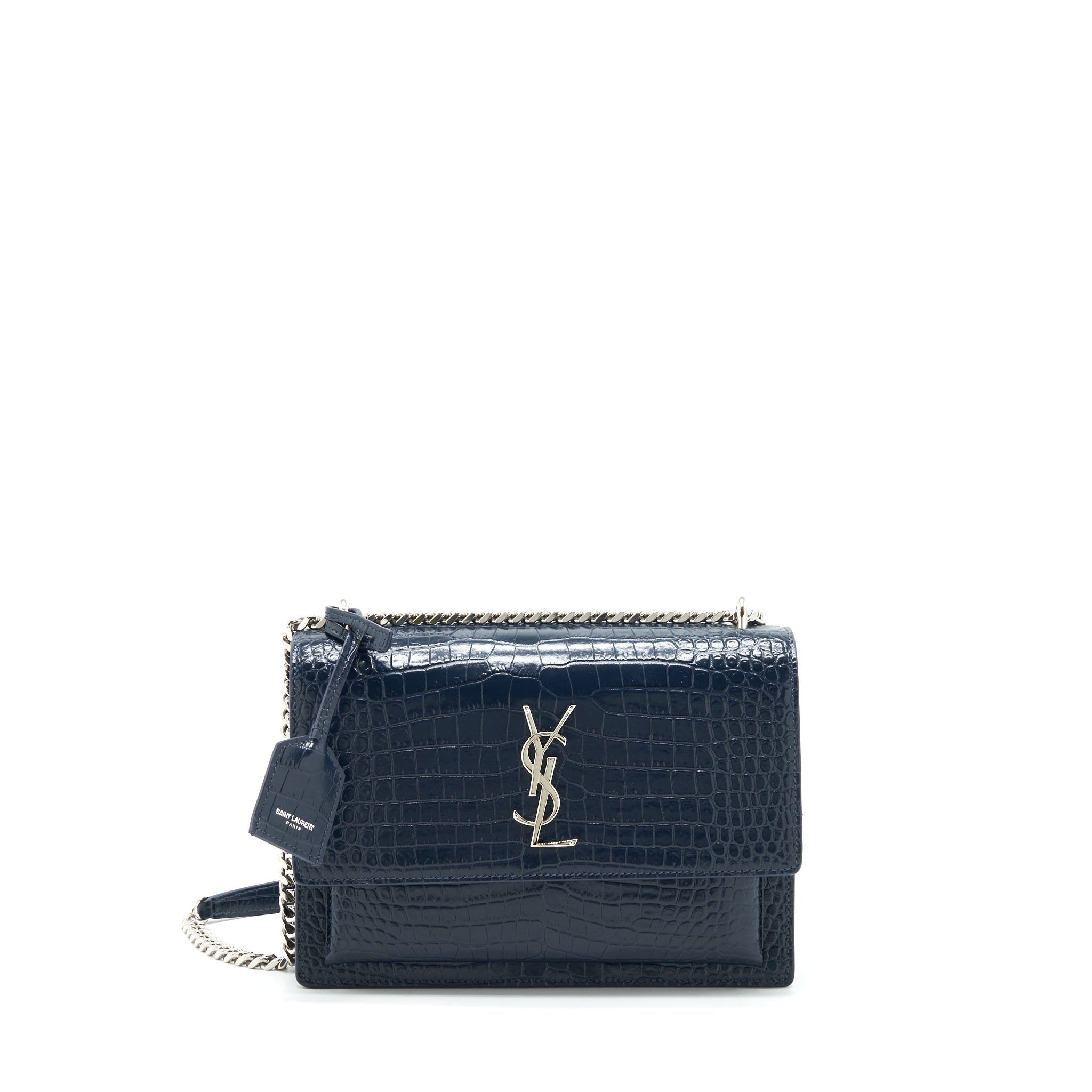 SAINT LAURENT MEDIUM SUNSET BAG CROC EMBOSSED CALFSKIN DARK BLUE SHW