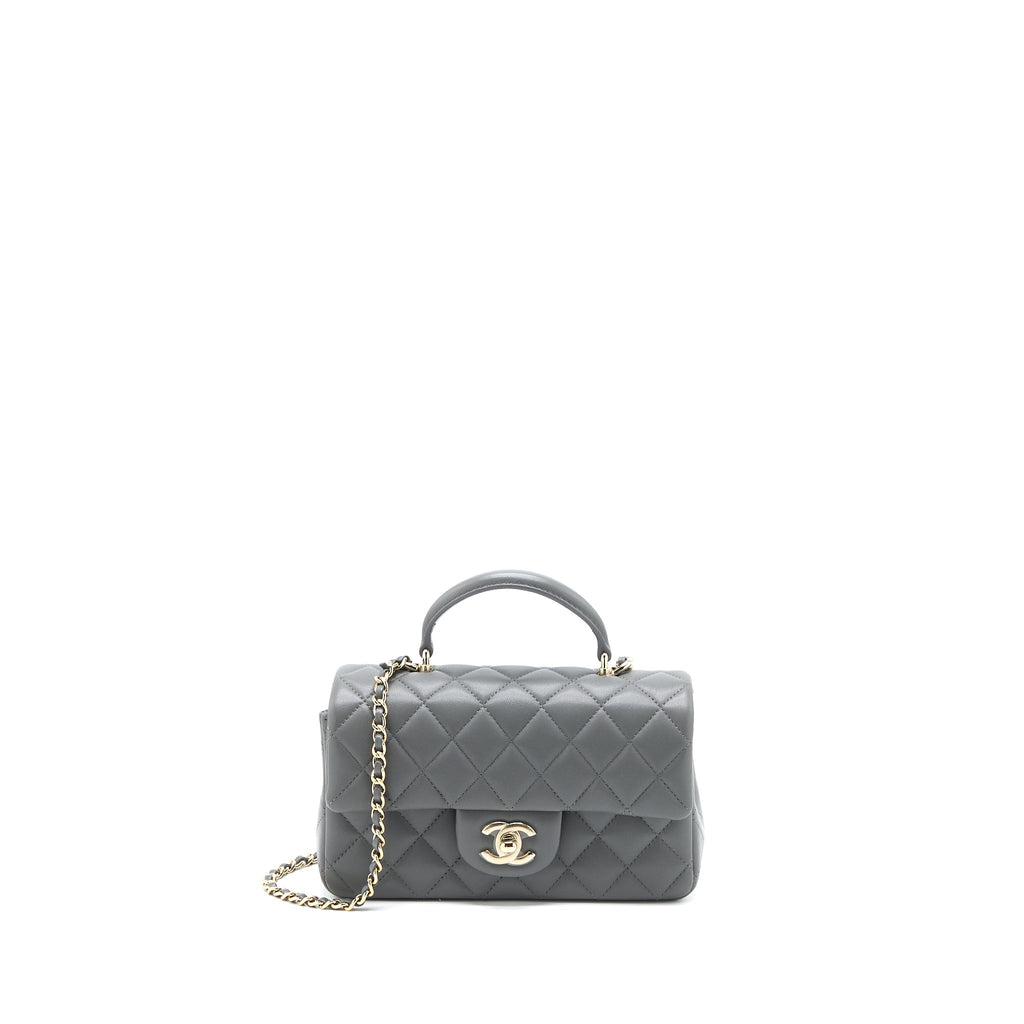 CHANEL TOP HANDLE MINI RECTANGULAR FLAP BAG LAMBSKIN GREY LGHW (MICROCHIP)