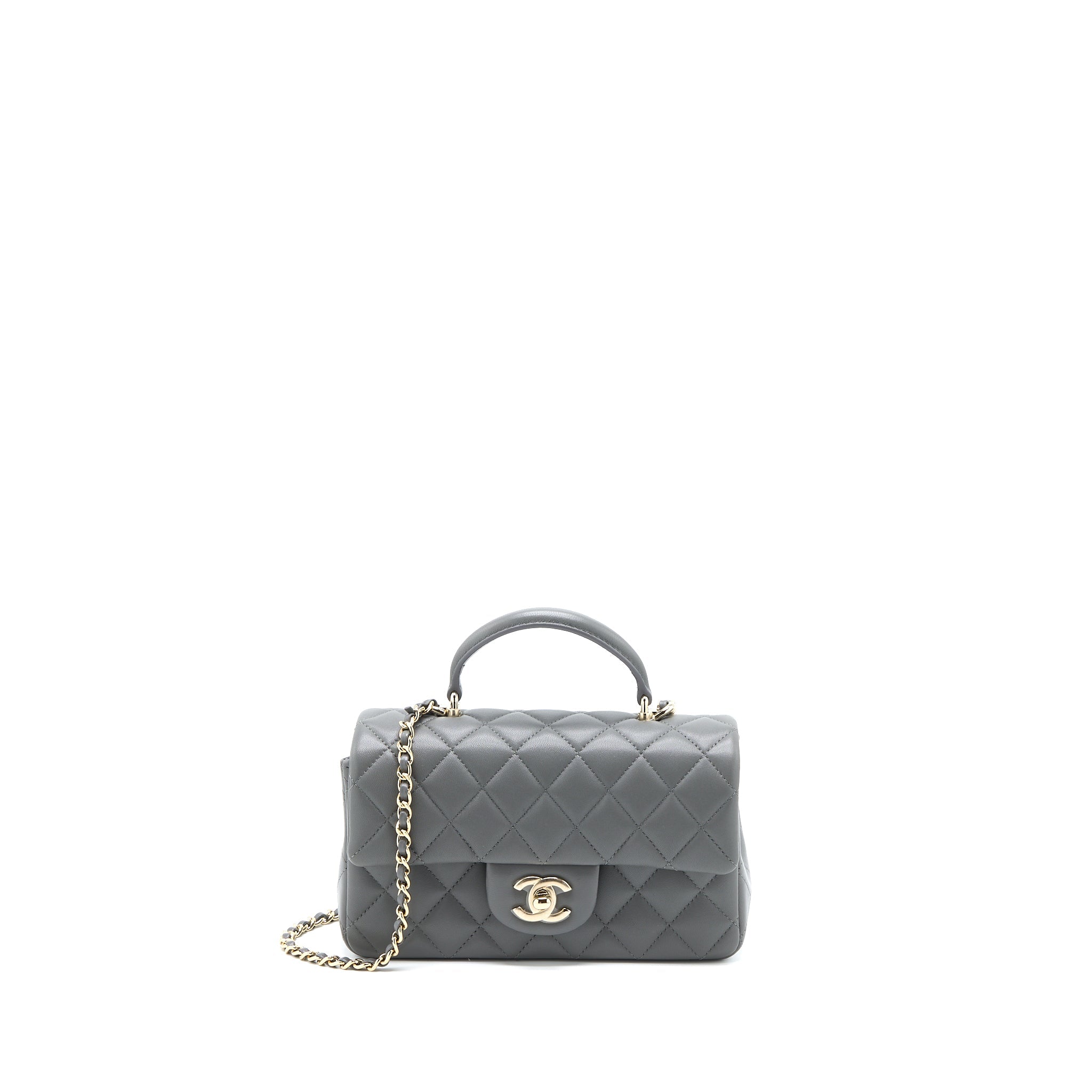 CHANEL TOP HANDLE MINI RECTANGULAR FLAP BAG LAMBSKIN GREY LGHW (MICROCHIP)