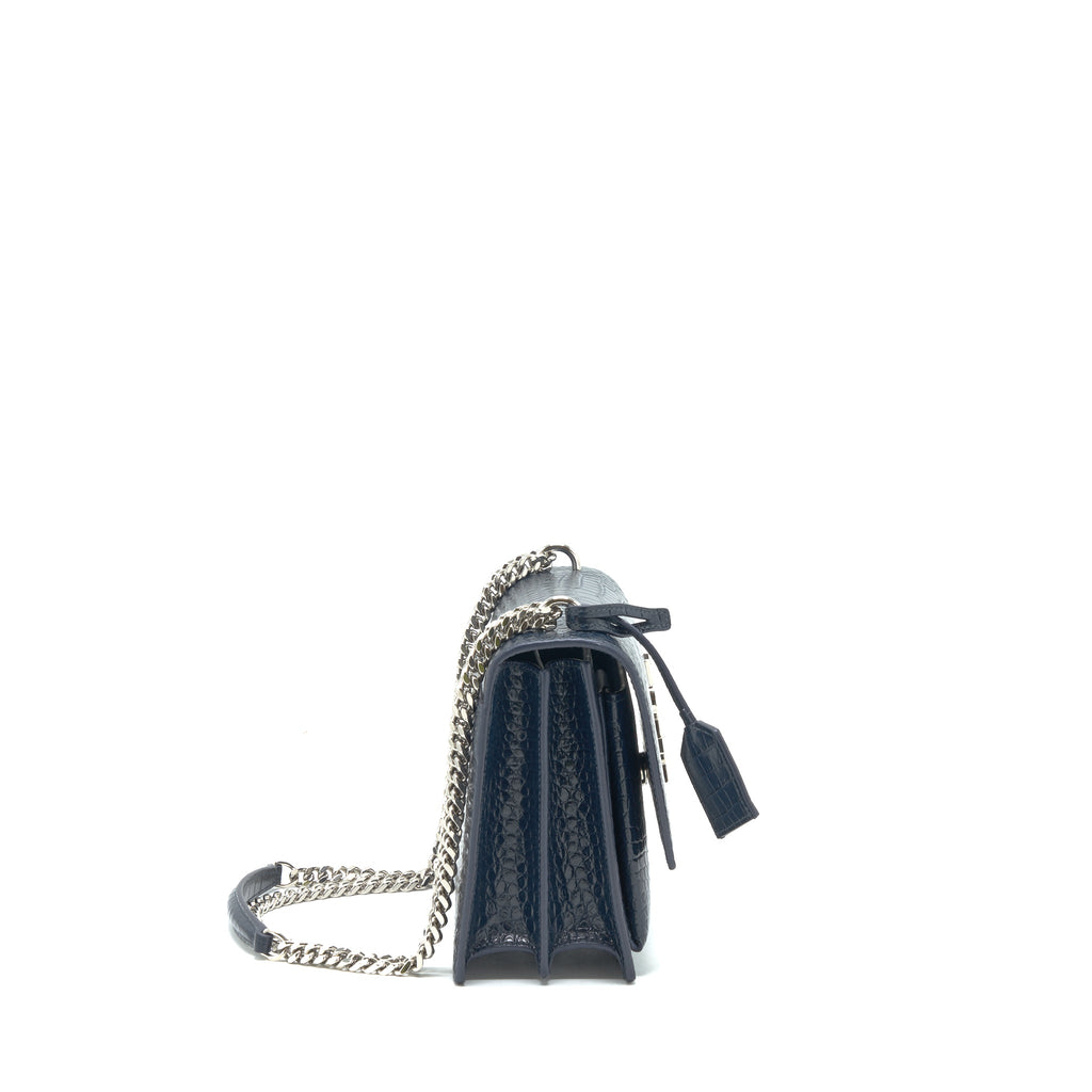 SAINT LAURENT MEDIUM SUNSET BAG CROC EMBOSSED CALFSKIN DARK BLUE SHW