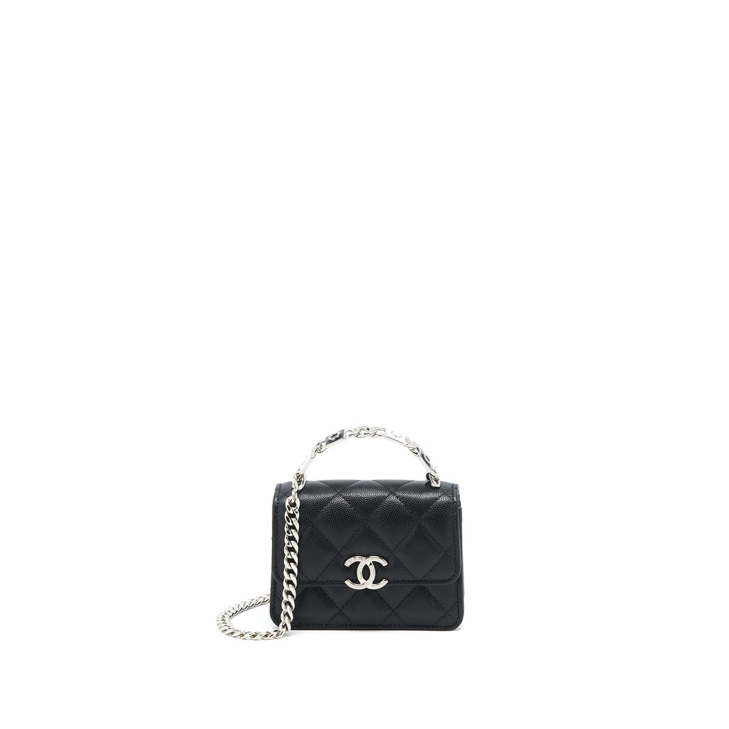 CHANEL DETAILED TOP HANDLE MINI FLAP BAG WITH CHAIN CAVIAR BLACK SHW