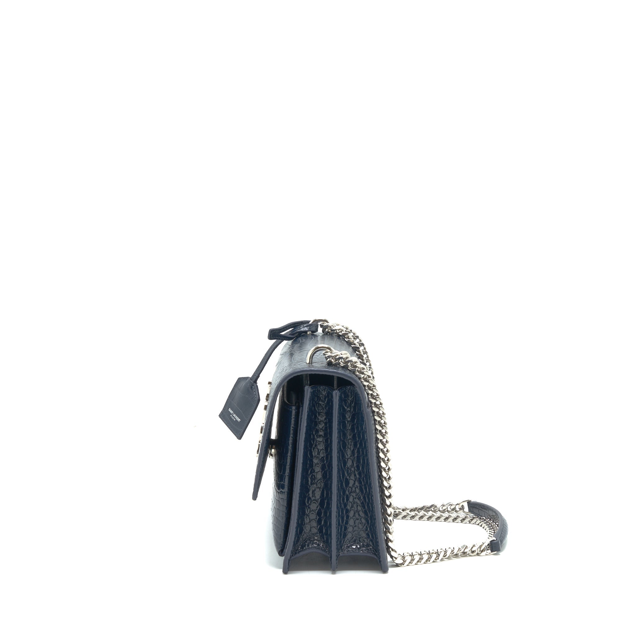 SAINT LAURENT MEDIUM SUNSET BAG CROC EMBOSSED CALFSKIN DARK BLUE SHW