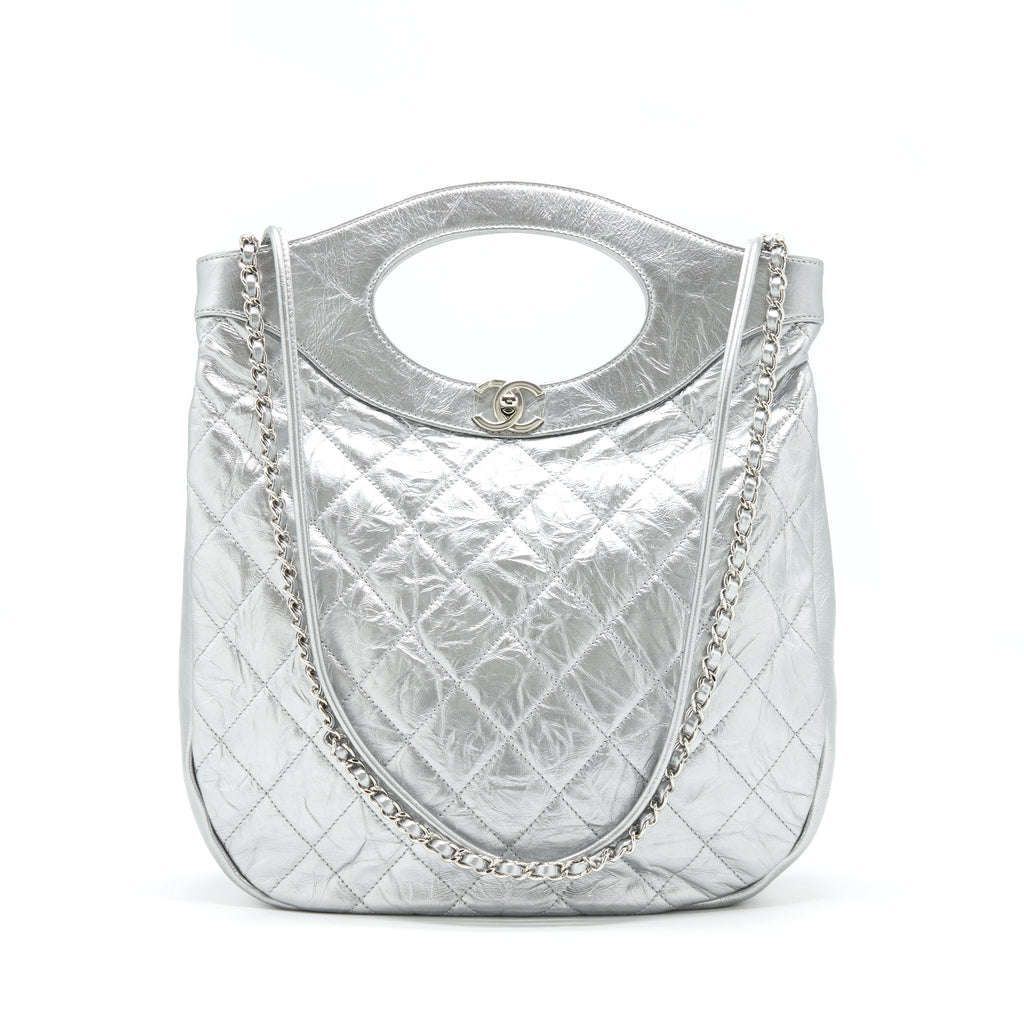 CHANEL SMALL 31 BAG QUILTED CRUMPLED CALFSKIN METALLIC SILVER SHW