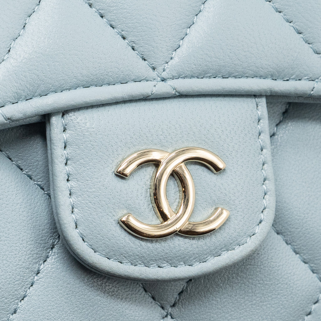 CHANEL TOP HANDLE MINI FLAP BAG LAMBSKIN LIGHT BLUE LGHW