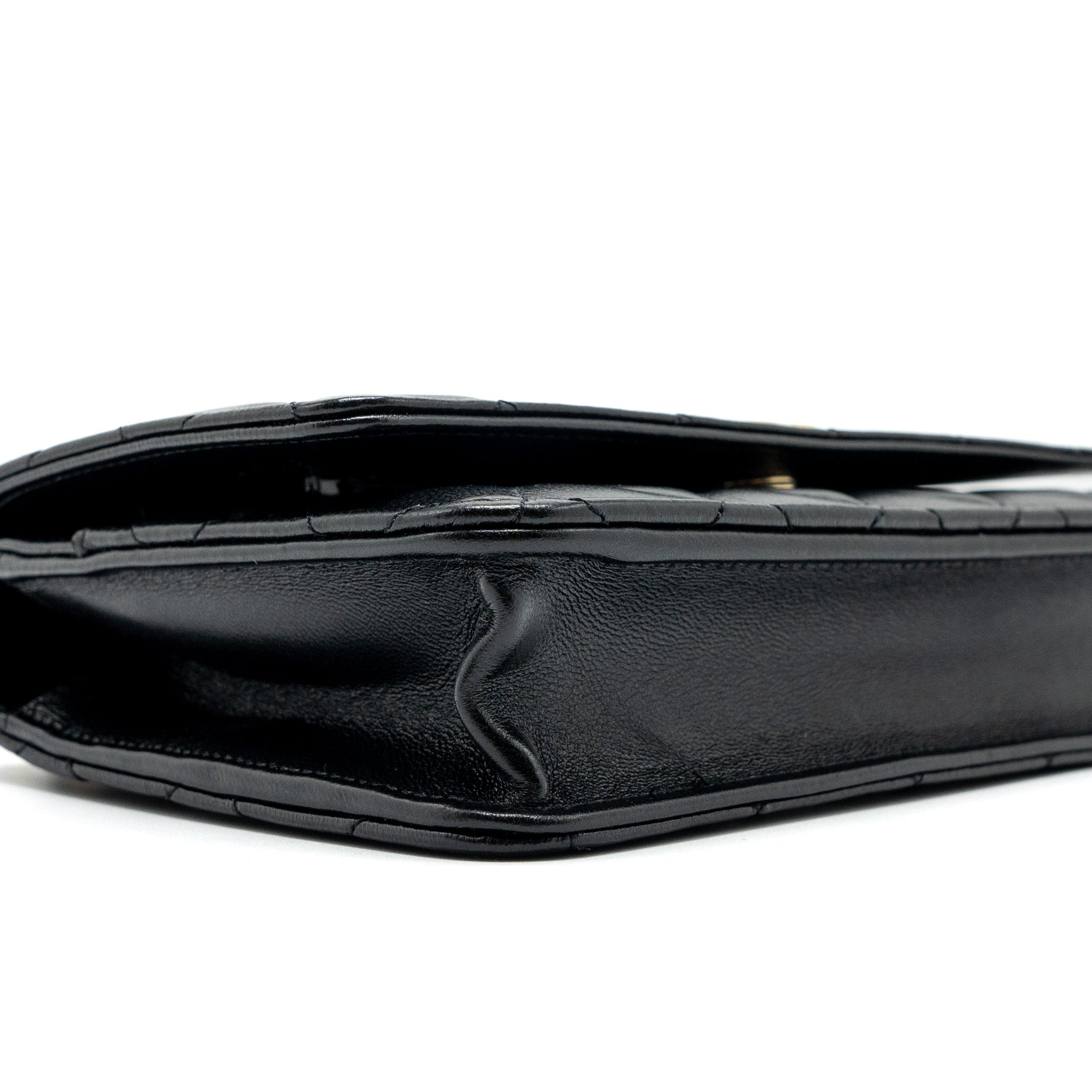 CHANEL DETAIL TOP HANDLE WALLET ON CHAIN LAMBSKIN BLACK BRUSHED GHW (MICROCHIP)