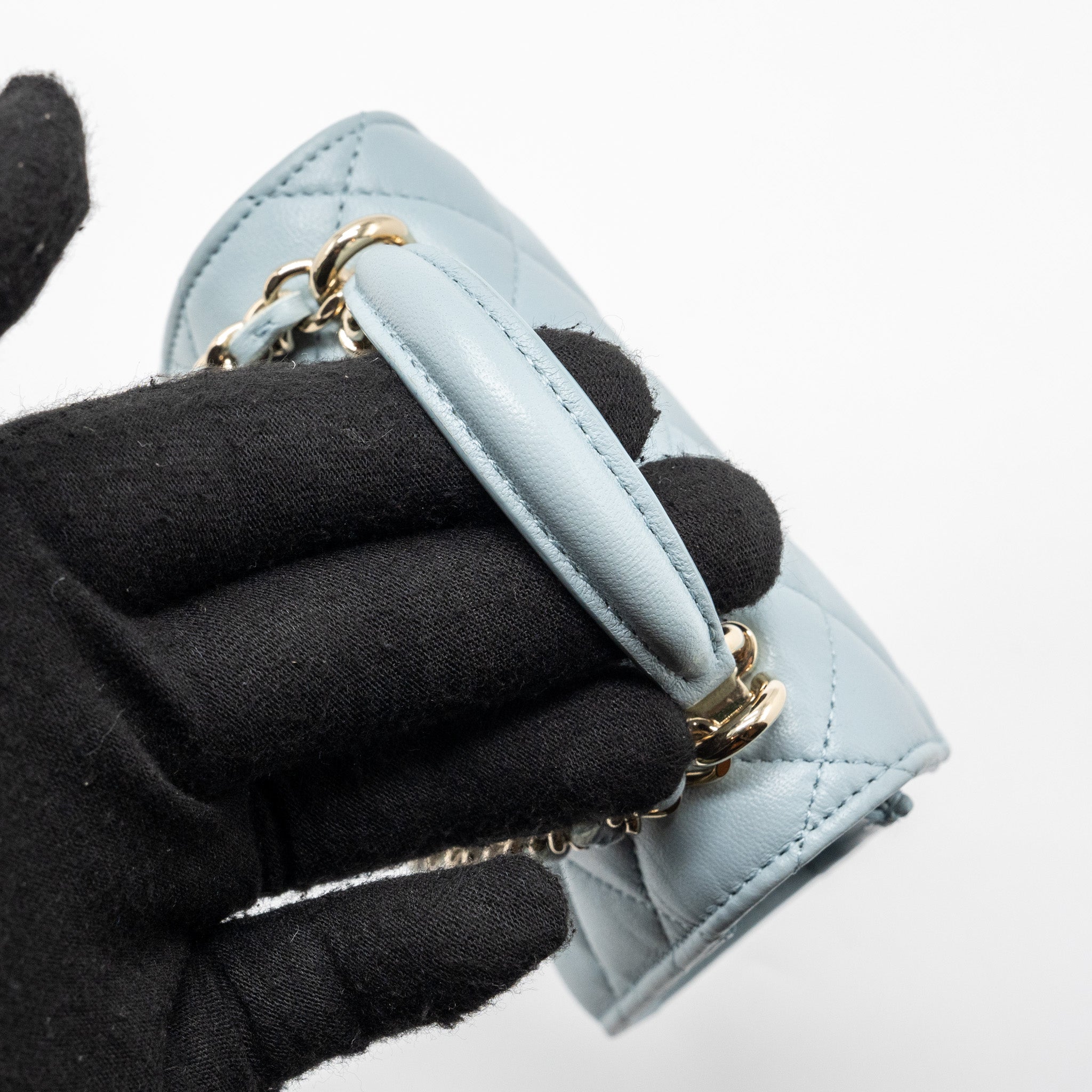 CHANEL TOP HANDLE MINI FLAP BAG LAMBSKIN LIGHT BLUE LGHW
