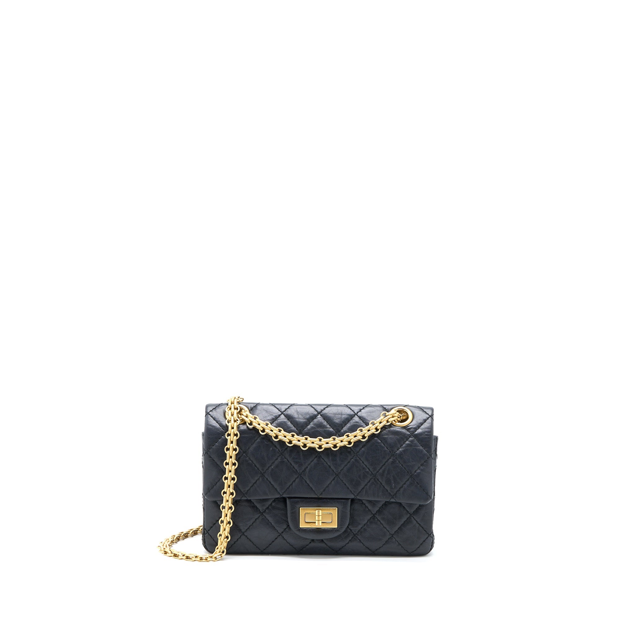 CHANEL MINI 2.55 REISSUE FLAP BAG AGED CALFSKIN BLACK BRUSHED GHW (MICROCHIP)