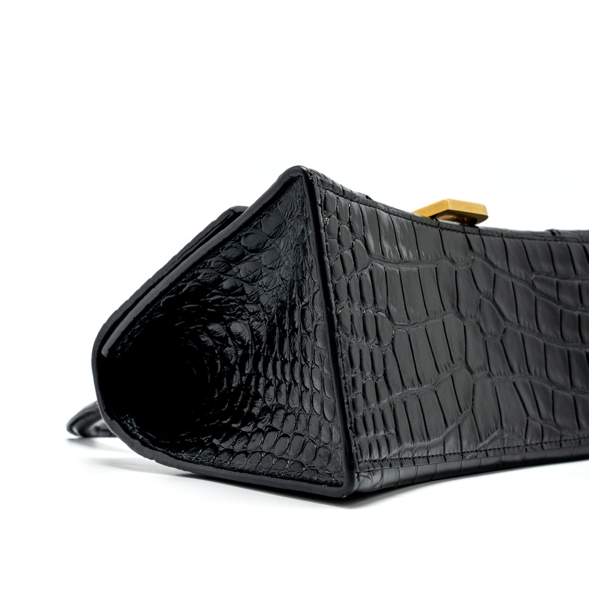 BALENCIAGA SMALL HOURGLASS BAG CROC-EMBOSSED CALFSKIN BLACK GHW
