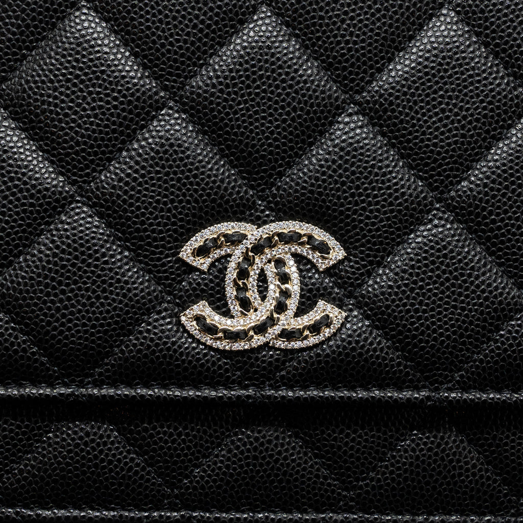 CHANEL DETAILED LOGO WALLET ON CHAIN CAVIAR BLACK LGHW (MICROCHIP)