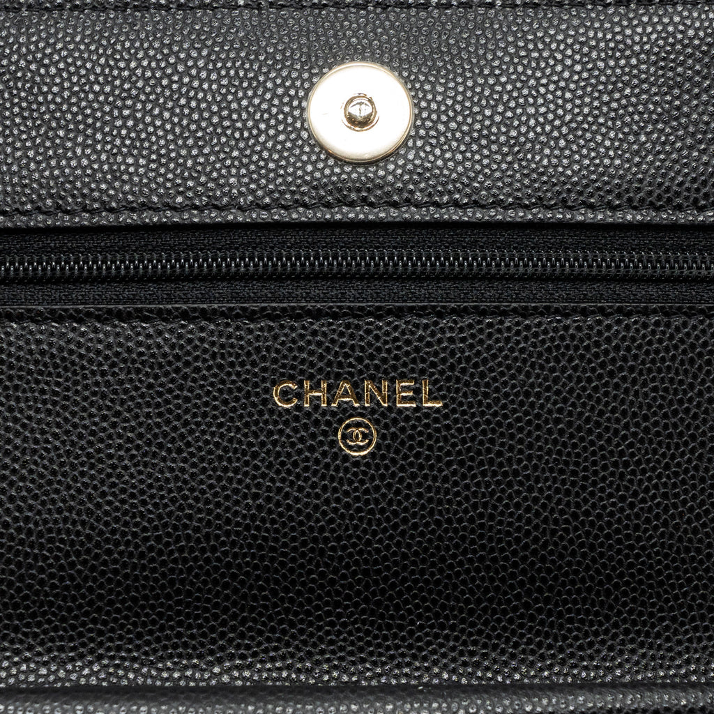 CHANEL DETAILED LOGO WALLET ON CHAIN CAVIAR BLACK LGHW (MICROCHIP)