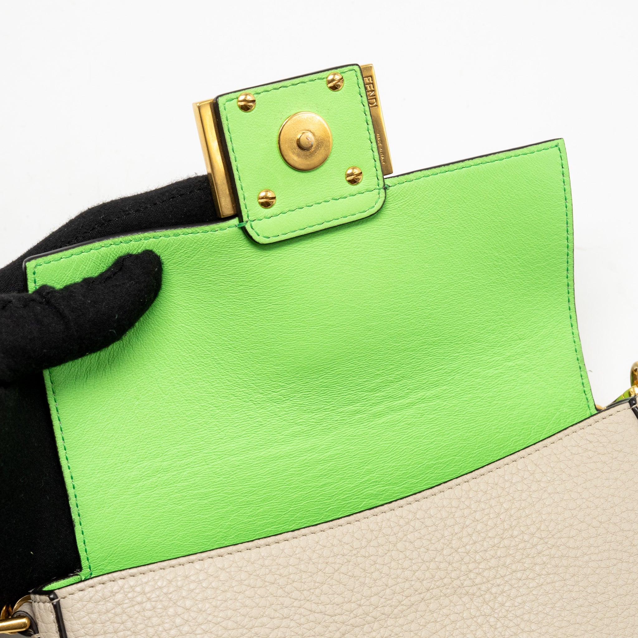 FENDI MINI BAGUETTE BAG CALFSKIN LIGHT BEIGE/GREEN GHW
