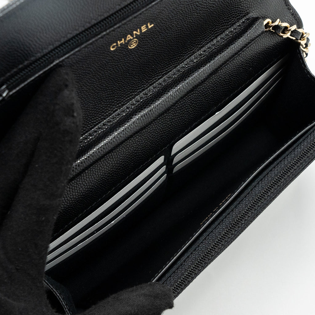 CHANEL DETAILED LOGO WALLET ON CHAIN CAVIAR BLACK LGHW (MICROCHIP)