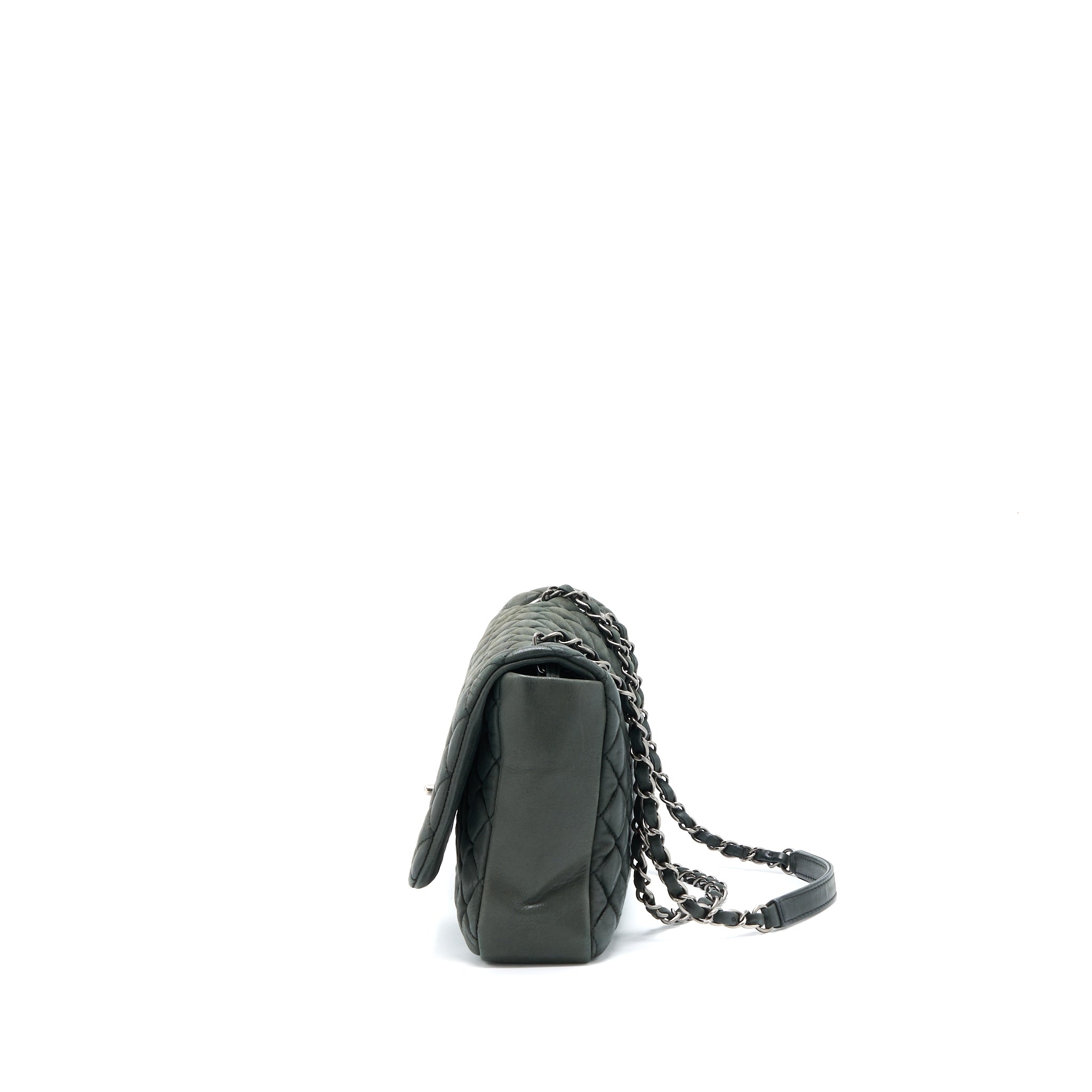 CHANEL QUILTED FLAP BAG IRIDESCENT CALFSKIN DARK GREEN RUTHENIUM SHW