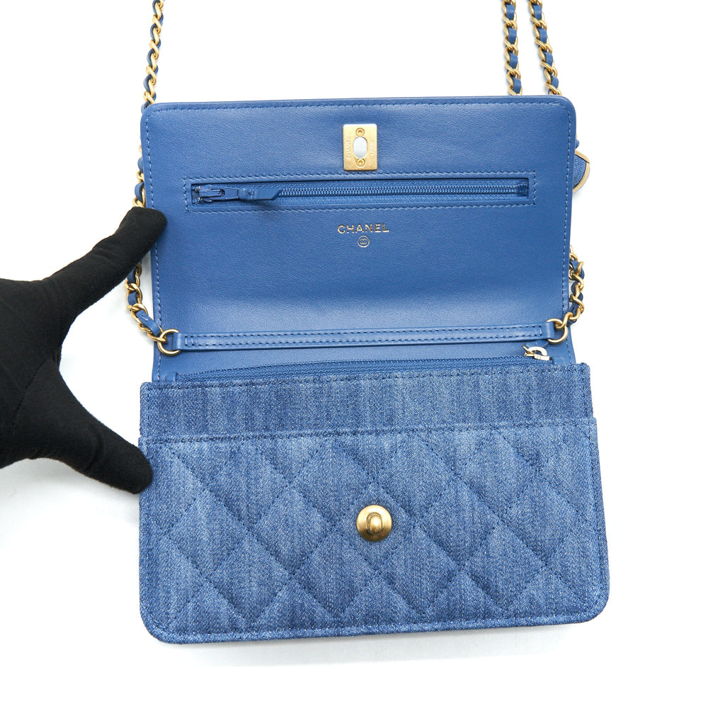 CHANEL 22C PEARL CRUSH  WALLET ON CHAIN DENIM GHW