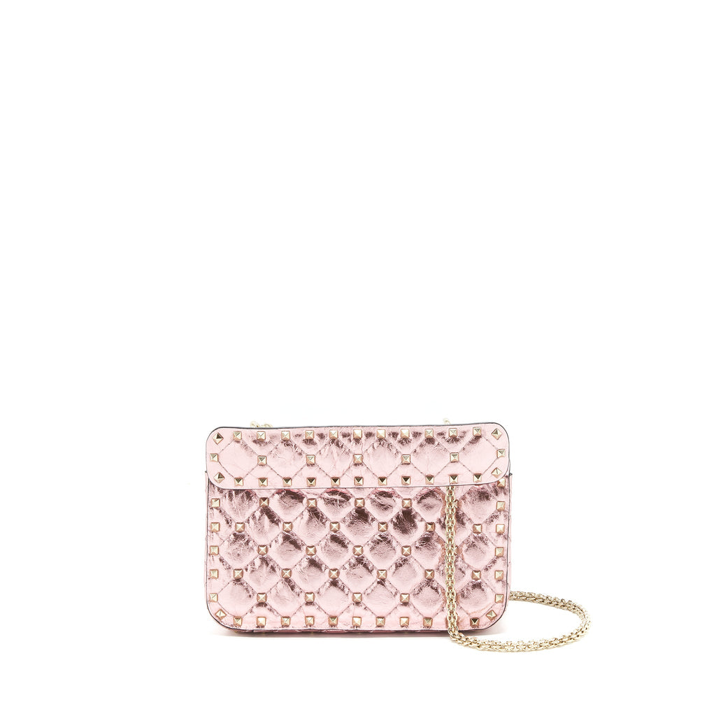 VALENTINO GARAVANI ROCKSTUD SPIKE SMALL LEATHER SHOULDER BAG METALLIC PINK LGHW