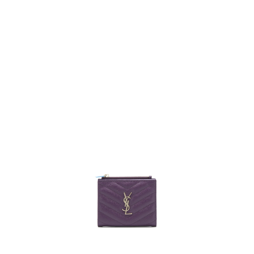 SAINT LAURENT QUILTED MONOGRAM BI-FOLD WALLET DARK PURPLE SHW