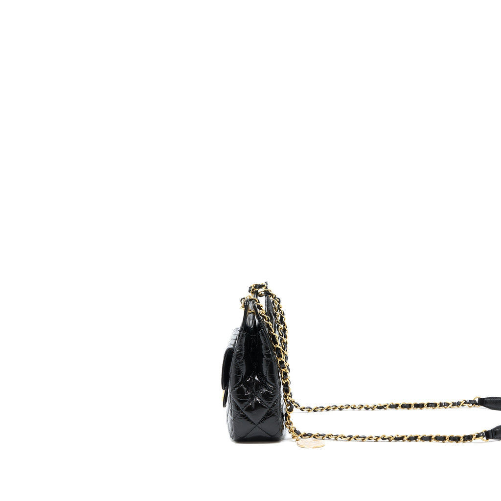 CHANEL 23C SMALL HOBO BAG SHINY CALFSKIN BLACK BRUSHED GHW (MICROCHIP)