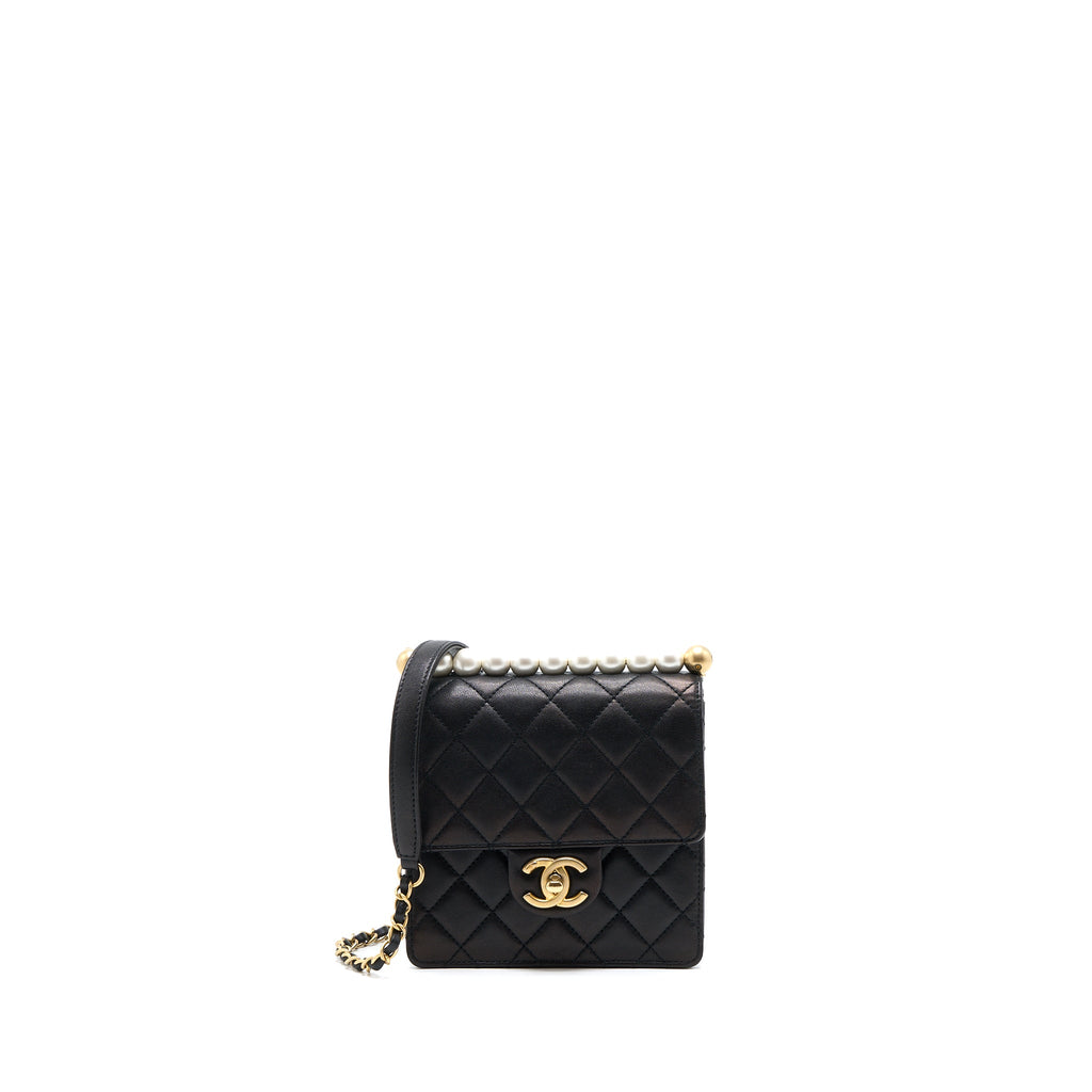 CHANEL VERTICAL PEARL FLAP BAG GOATSKIN BLACK BRUSHED GHW