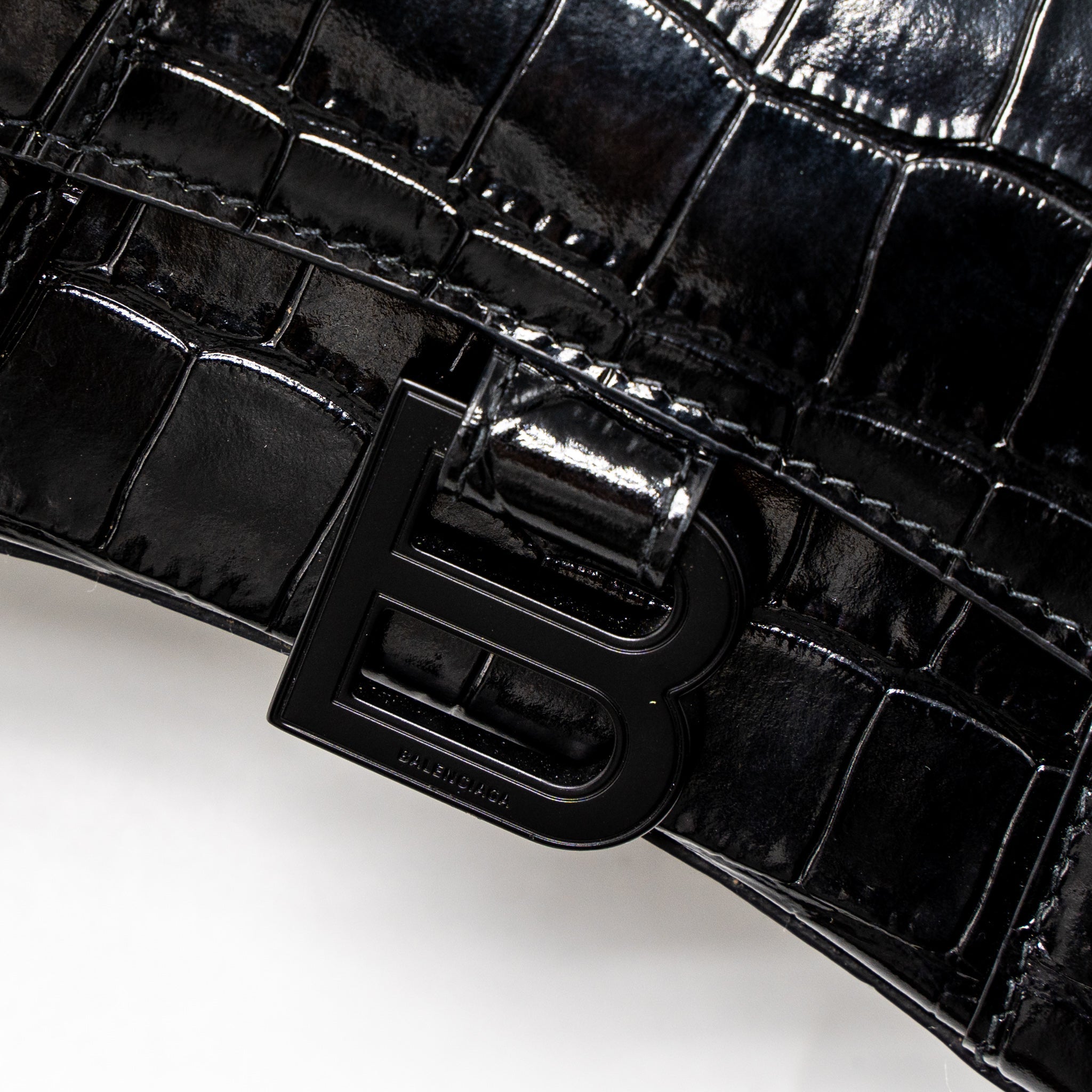 BALENCIAGA HOURGLASS XS CROC-EMBOSSED CALFSKIN SO BLACK
