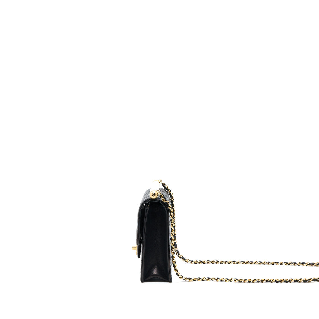 CHANEL VERTICAL PEARL FLAP BAG GOATSKIN BLACK BRUSHED GHW