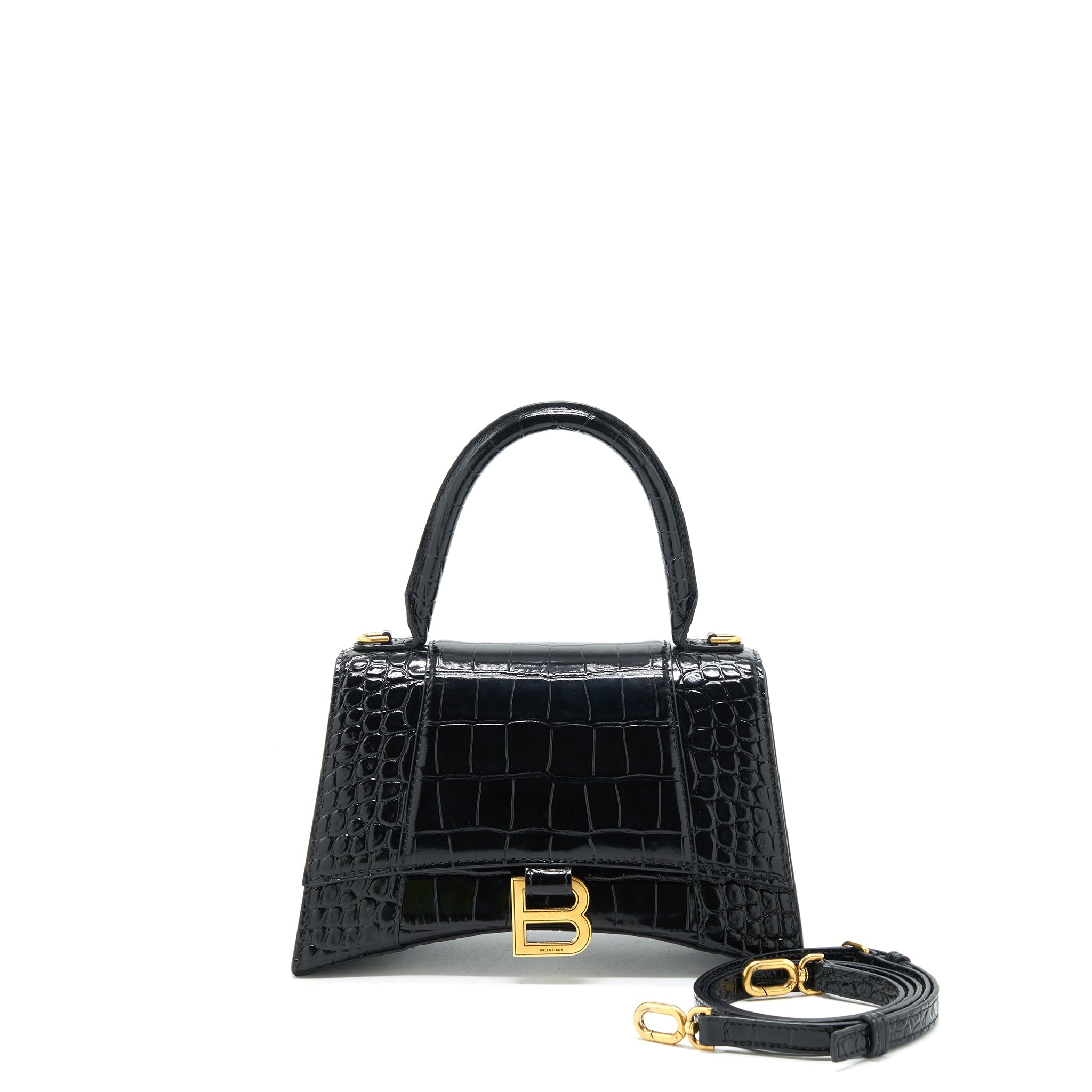 BALENCIAGA HOURGLASS S CROC EMBOSSED LEATHER HANDBAG BLACK GHW